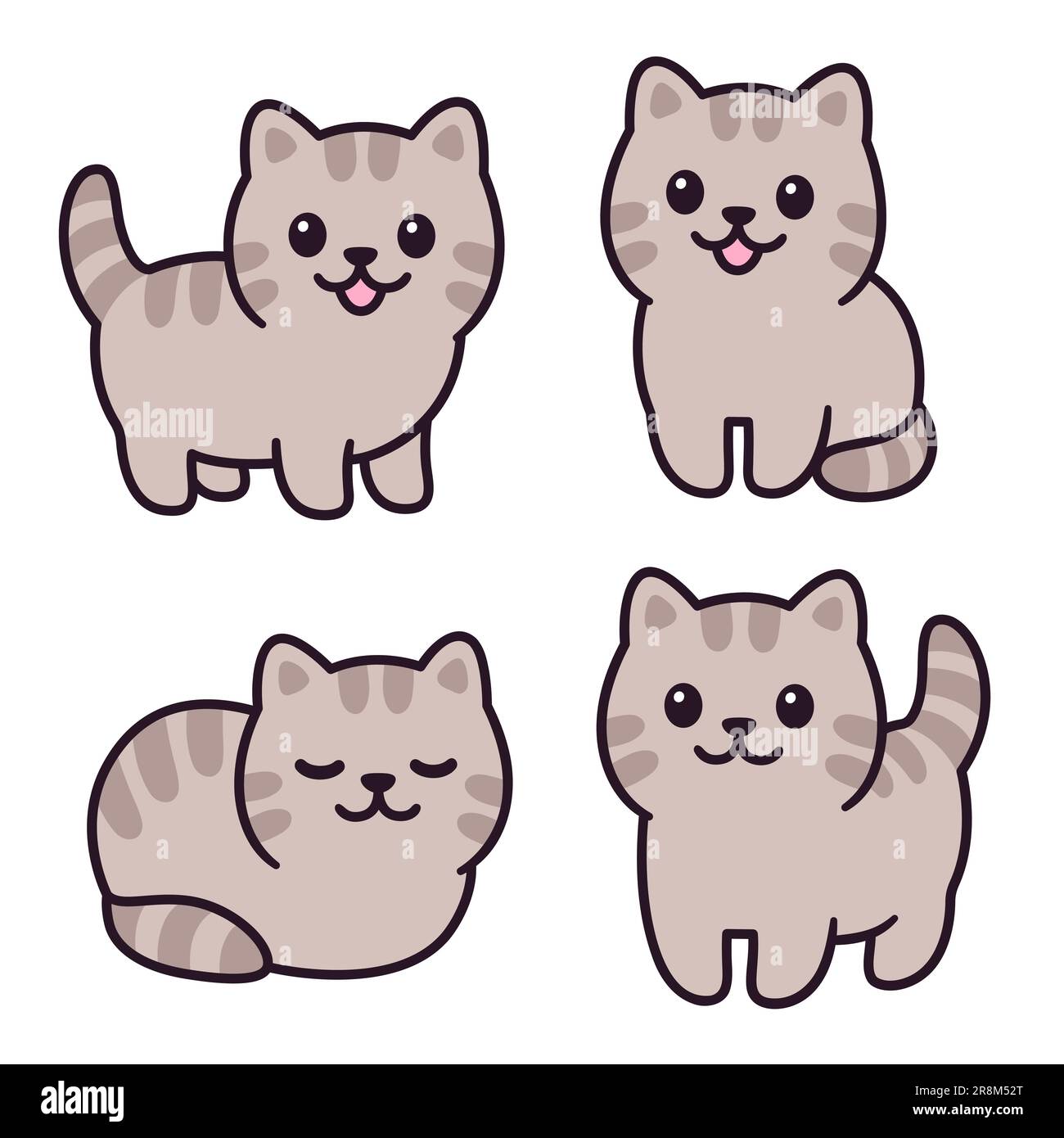 Tiny baby tabby kitten drawing set. Adorable little fat cat standing, sitting and lying. Simple kawaii doodle style illustration. Stock Vector