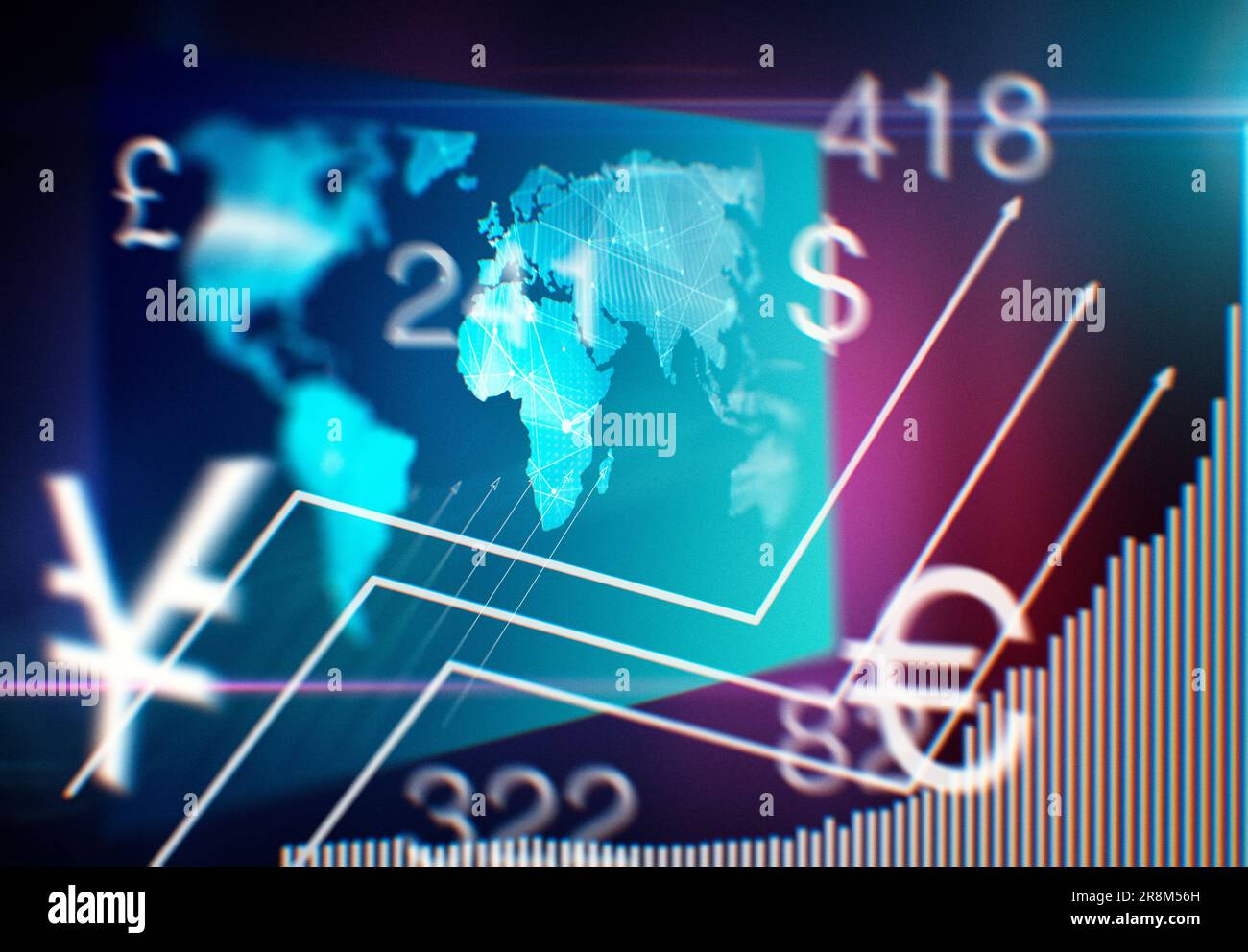 World map and various currencies representing financial instability Stock Photo