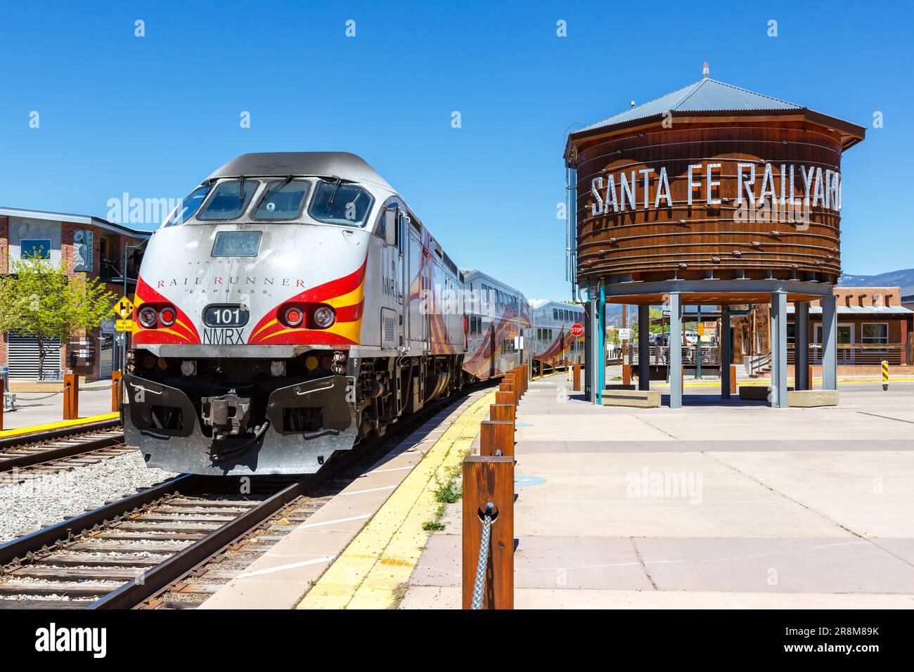 Santa Fe, United States - May 8, 2023: New Mexico Rail Runner Express commuter train railways in Santa Fe, United States. Stock Photo