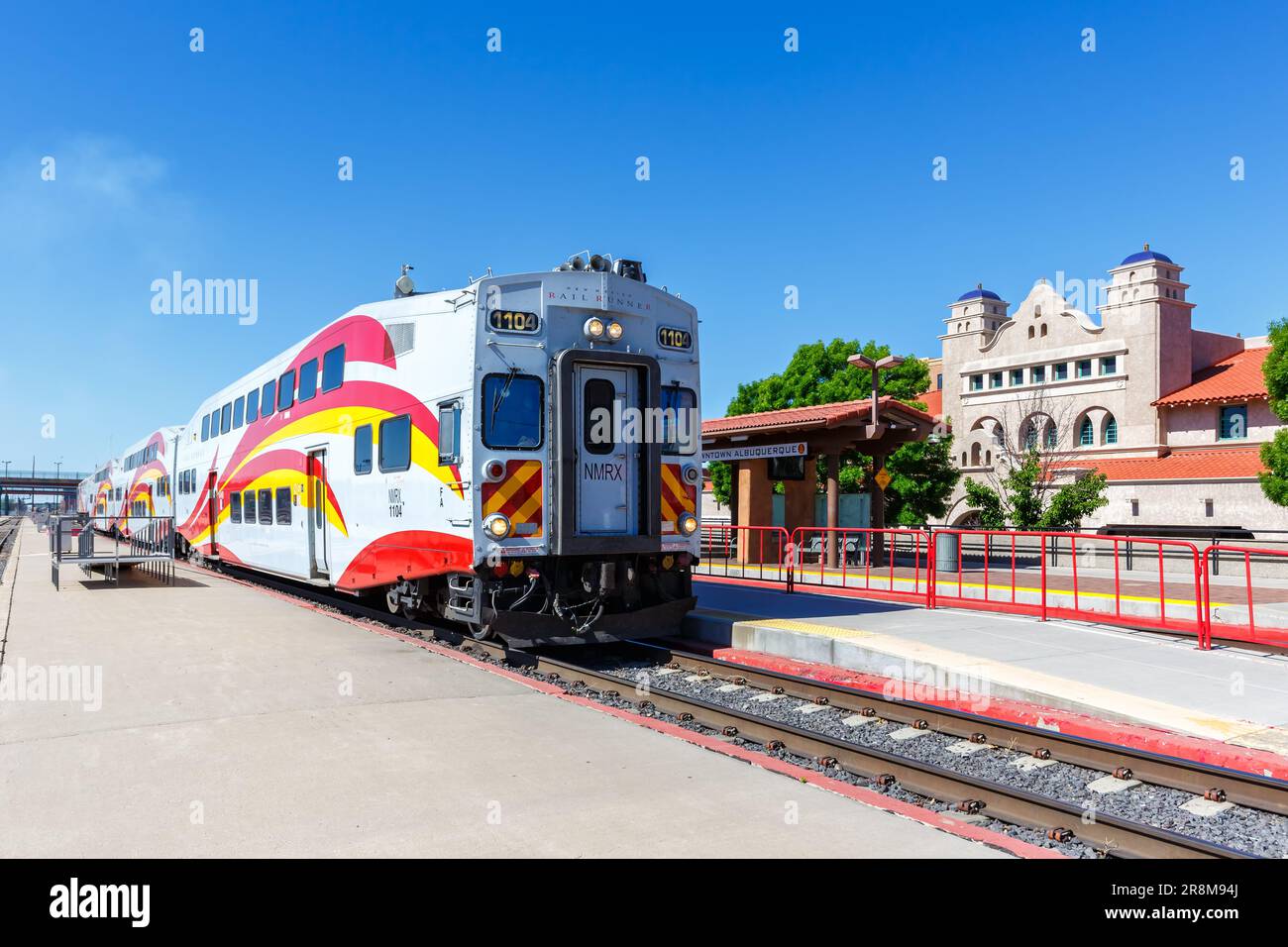 Albuquerque, United States - May 8, 2023: New Mexico Rail Runner Express commuter train railways in Albuquerque, United States. Stock Photo
