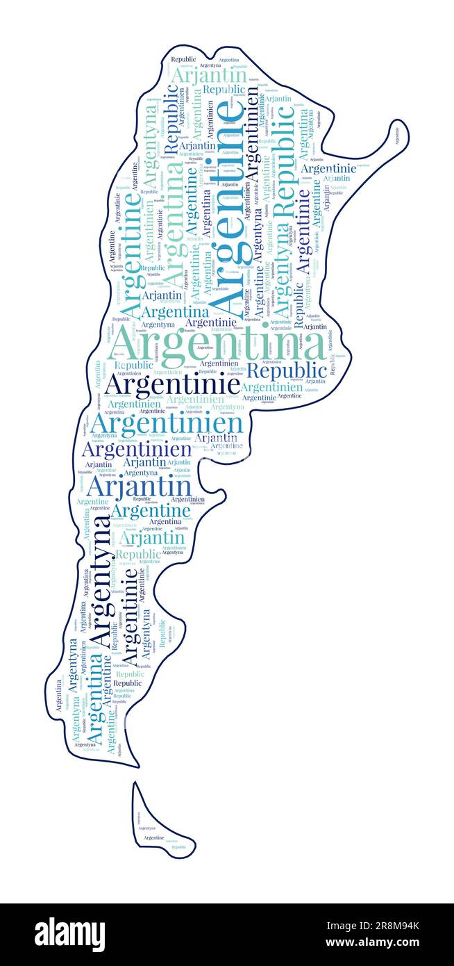 Argentina shape filled with country name in many languages. Argentina map in word cloud style. Stylish vector illustration. Stock Vector