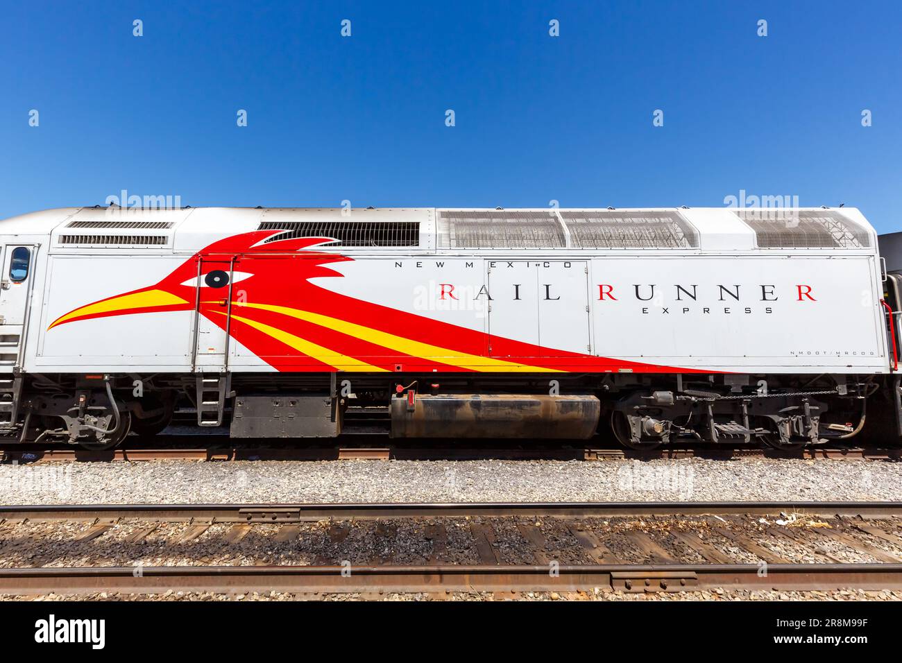 Santa Fe, United States - May 8, 2023: Logo of New Mexico Rail Runner Express commuter train railways in Santa Fe, United States. Stock Photo