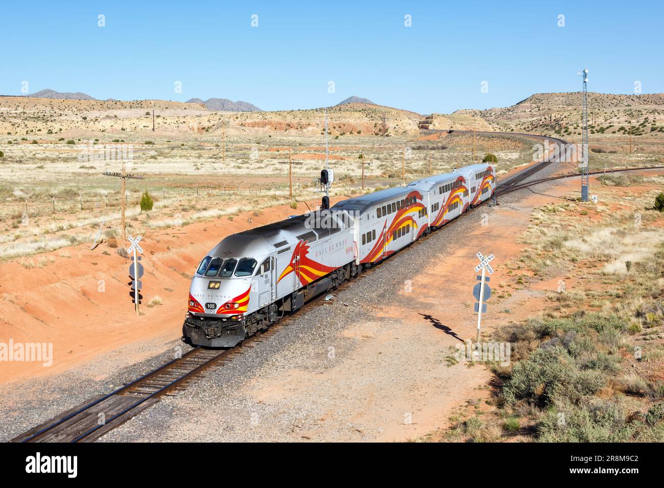 Santa Fe, United States - May 8, 2023: New Mexico Rail Runner Express commuter train railways near Santa Fe, United States. Stock Photo
