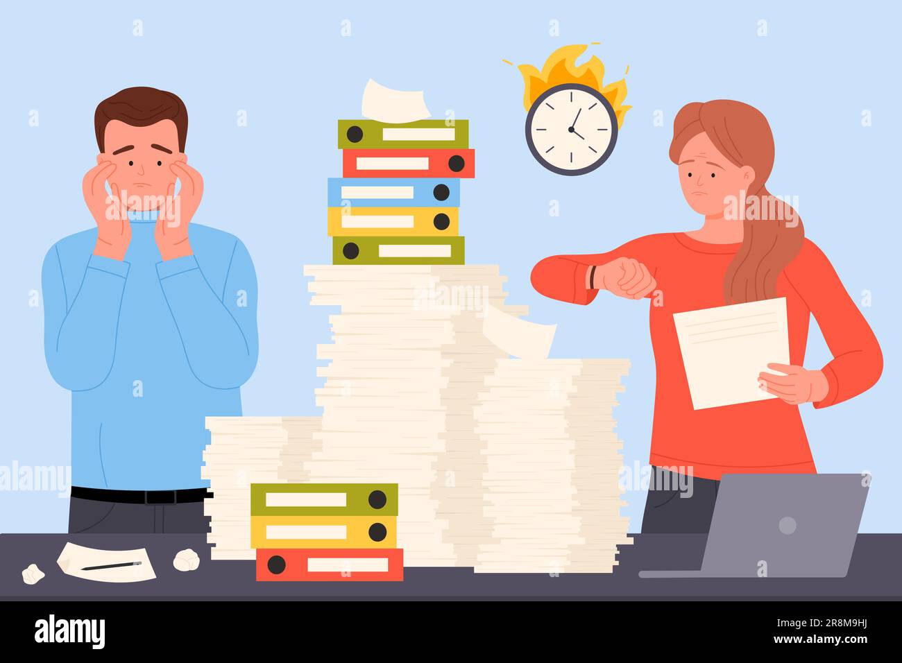 Bureaucracy, employee stress from lot of paperwork vector illustration. Cartoon tired exhausted woman and man late for deadline, office workers standing near table with pile of paper documents, laptop Stock Vector