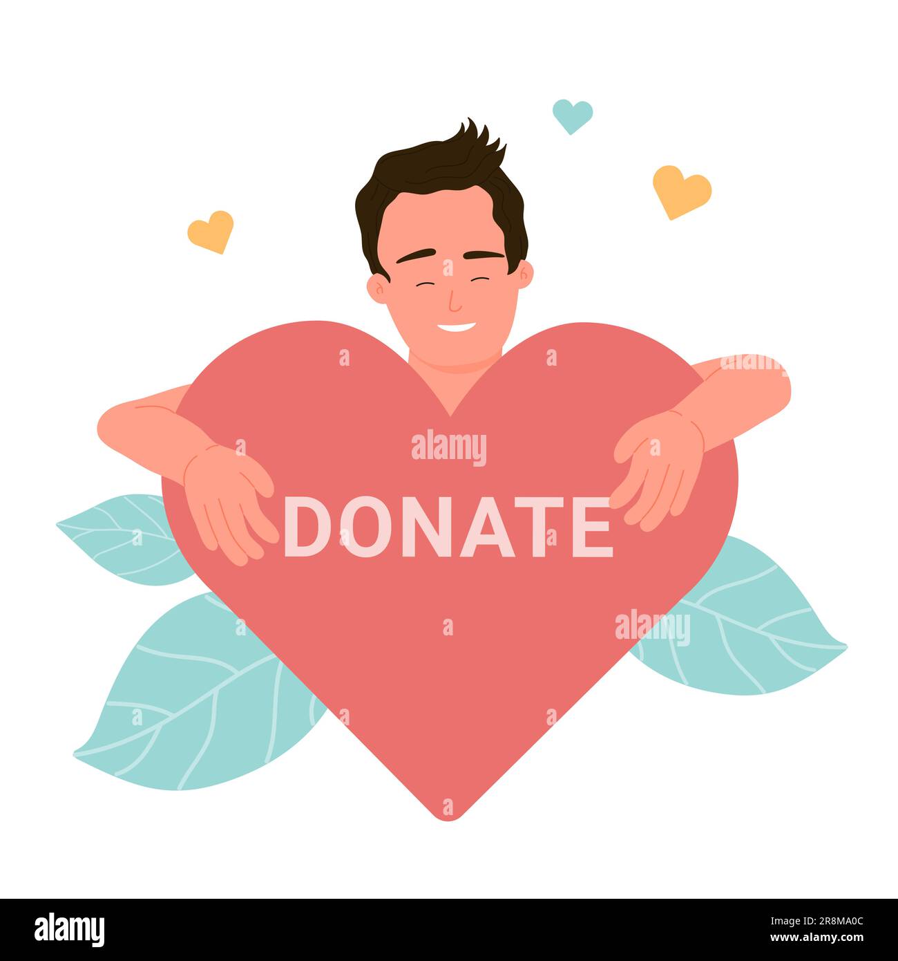 Man hugging big heart with donate word. Assistance, humanitarian aid and support from volunteers flat vector illustration. Stock Vector