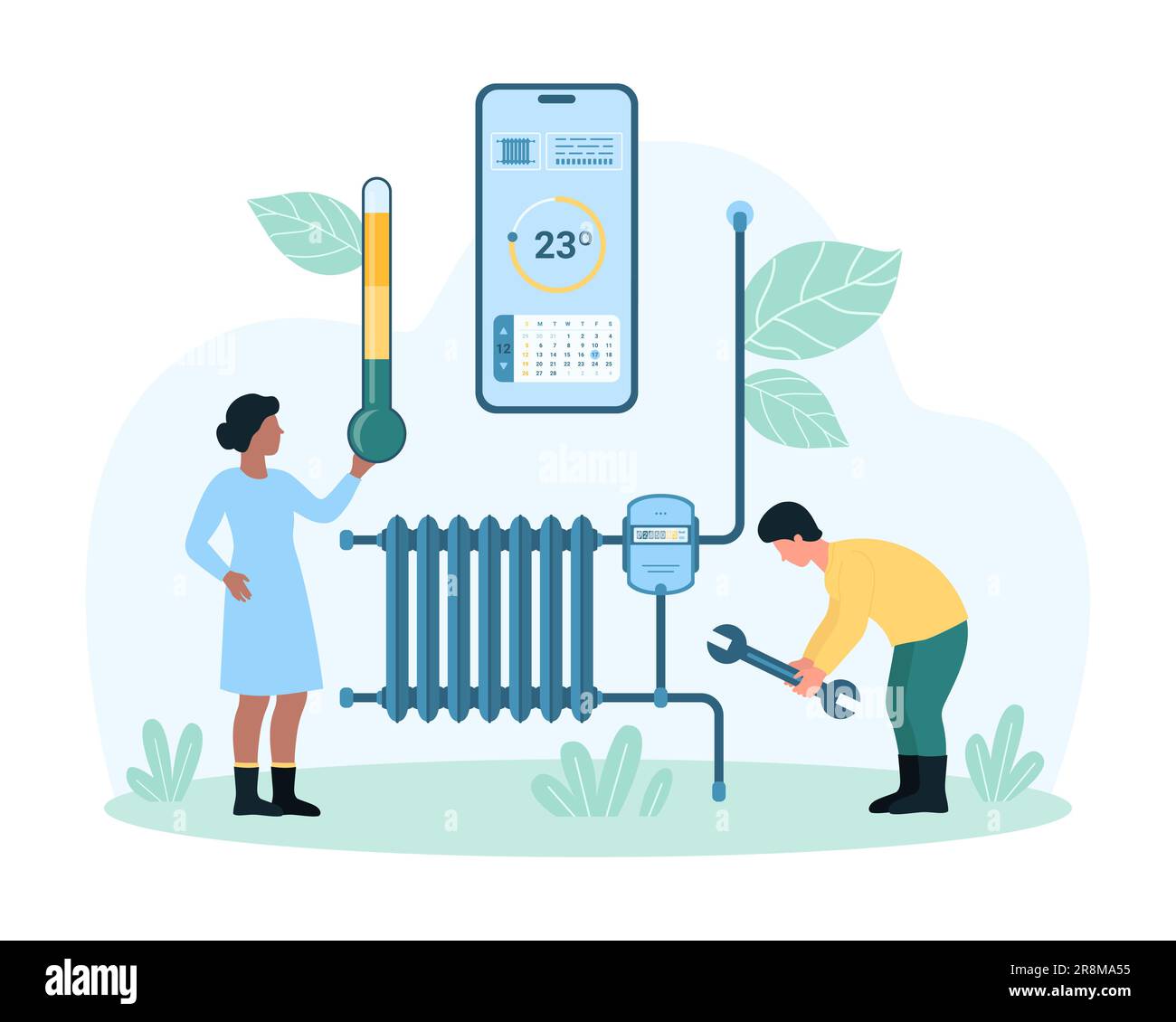 Heating and savings vector illustration. Cartoon tiny people hold