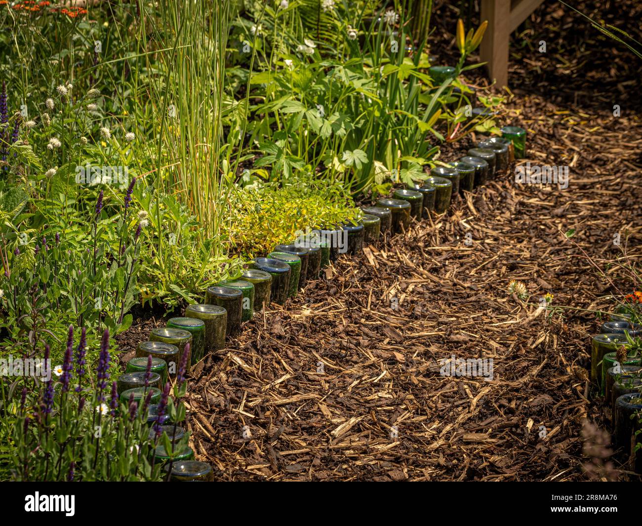 Bark chipping garden path edged with recycled wine bottles in a UK garden. Stock Photo