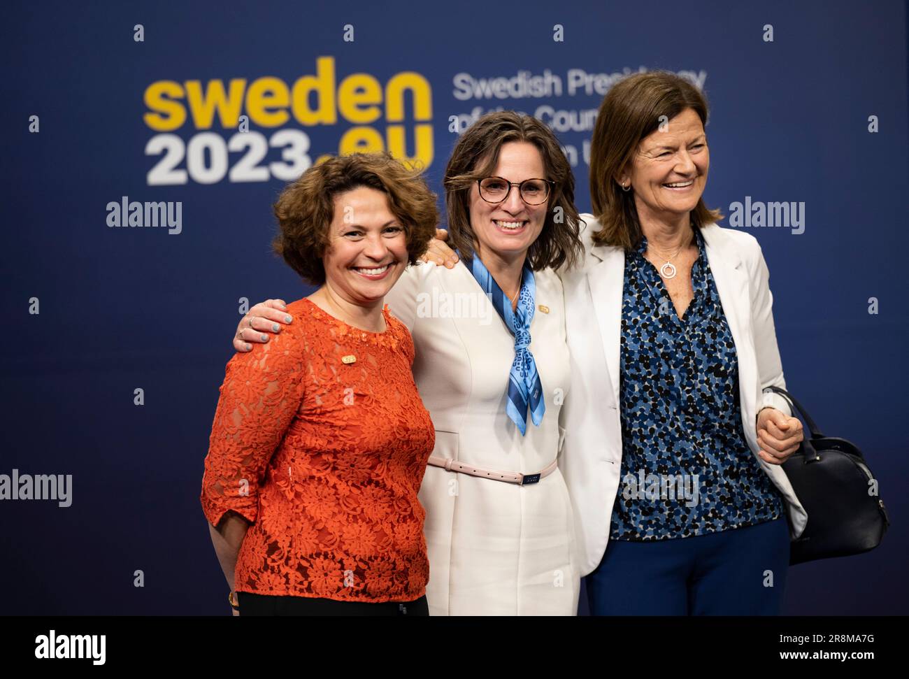 Stockholm, Sweden. 22nd June, 2023. STOCKHOLM 20230622 Sweden minister for EU Affairs Jessika Roswall, middle, welcomes Eugenia Dumitriu-Segana, Director general, secretariat of the council, left, and Marta Arpio Santacruz, Director general of the council, to Informal meeting of the General Affairs Council at Arlanda Xpo north of Stockholm city. Photo: Pontus Lundahl/TT/kod 10050 Credit: TT News Agency/Alamy Live News Stock Photo
