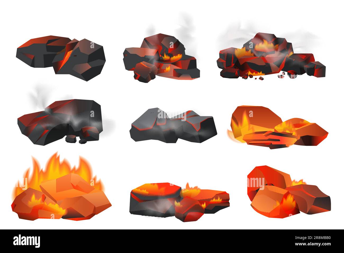 Burning coal piles set vector illustration. Cartoon isolated charcoal