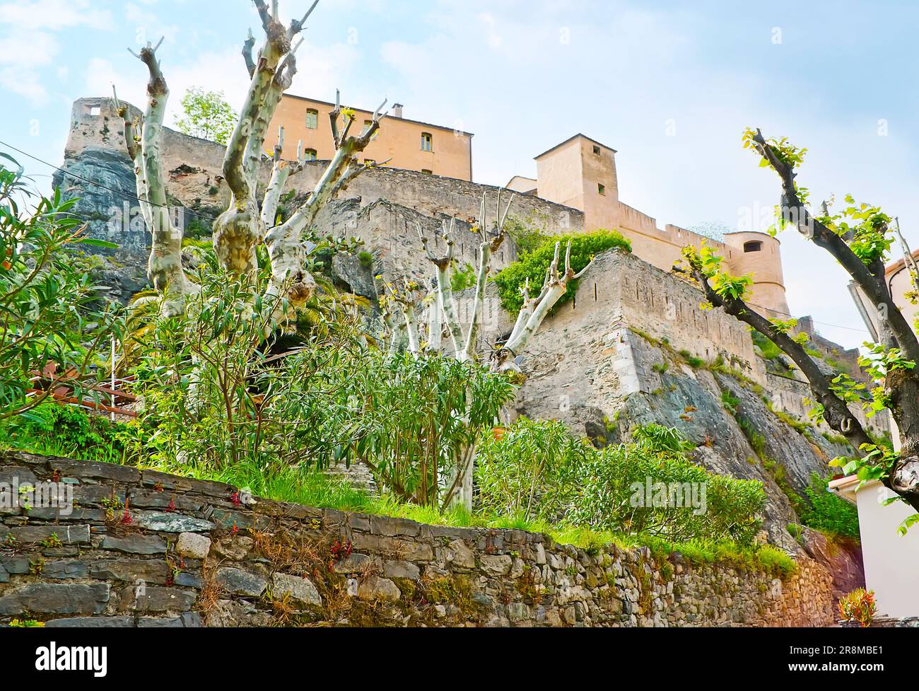 The tall preserved ramparts of medieval Citadel, located atop the rocky ...