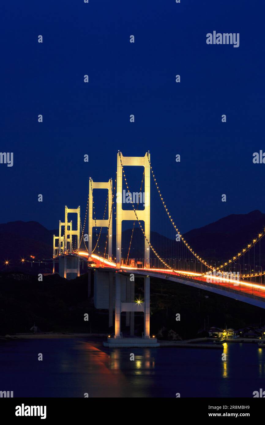 Night view of Kurushima Kaikyo Bridge and the Seto Inland Sea Stock ...