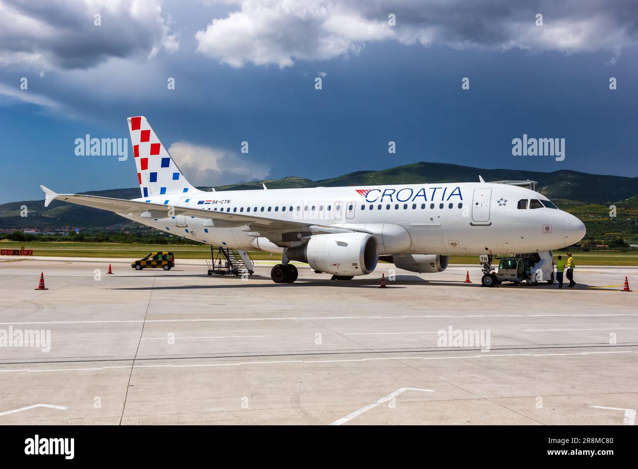 Split, Croatia - June 1, 2023: Croatia Airlines Airbus A319 airplane at Split Airport (SPU) in Croatia. Stock Photo