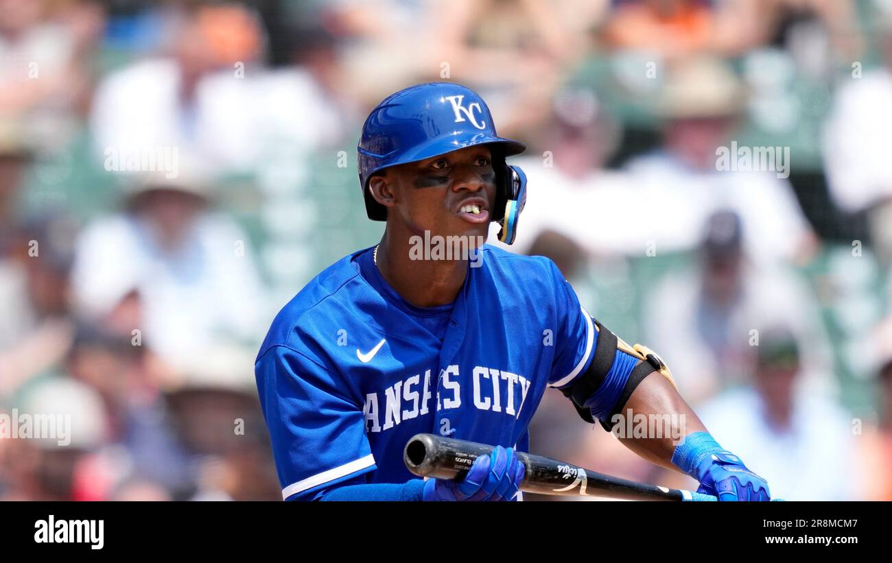 Kansas City Royals' Dairon Blanco heads to the dugout after striking out  against the Los Angeles Angels during the second inning of a baseball game,  Sunday, June, 18, 2023 in Kansas City