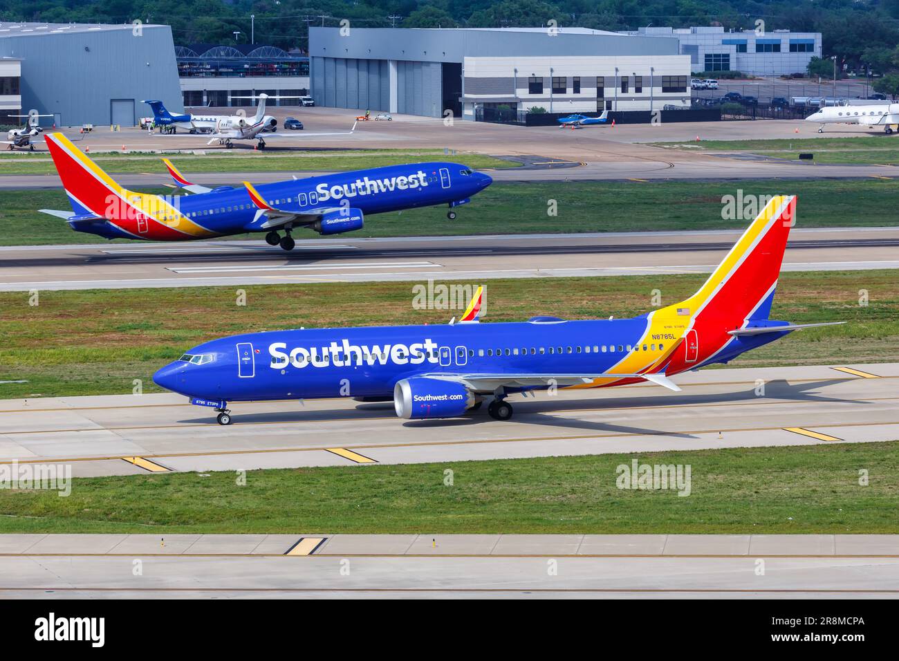 Dallas, United States - May 7, 2023: Southwest Boeing 737-8 MAX airplanes at Dallas Love Field Airport (DAL) in the United States. Stock Photo