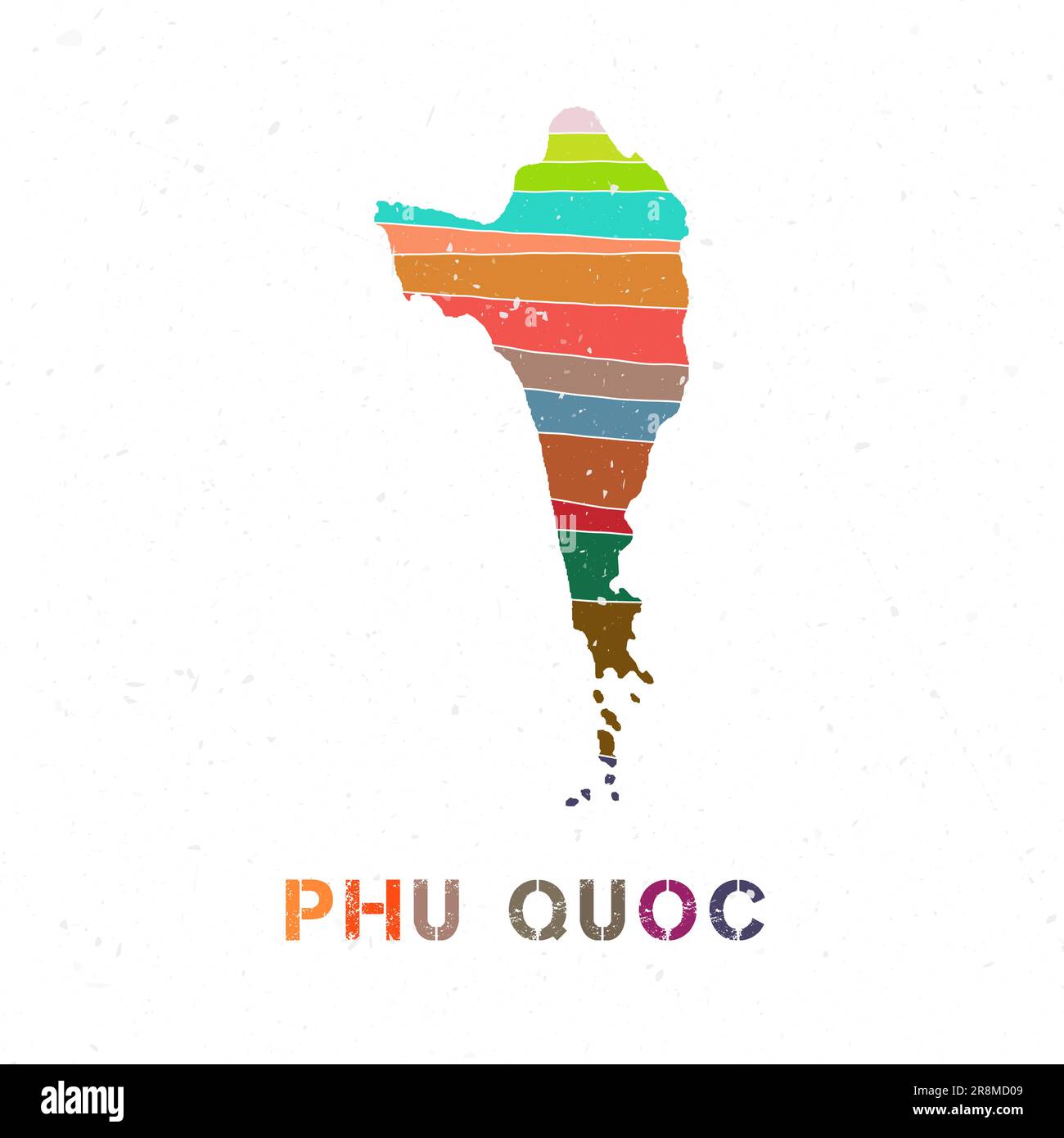 Phu Quoc map design. Shape of the island with beautiful geometric waves and grunge texture. Stylish vector illustration. Stock Vector