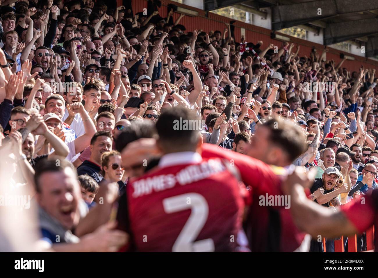 Football / soccer players celebrating scoring goal with fans and supporters. Stock Photo