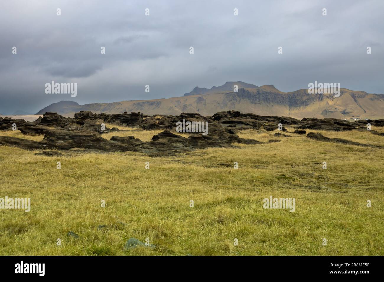 Dramatic and wild beauty of the mountains and tranquil pastures, covered with grass, moss and lichen. Cloudy sky in the autumn. Vik, Iceland. Stock Photo