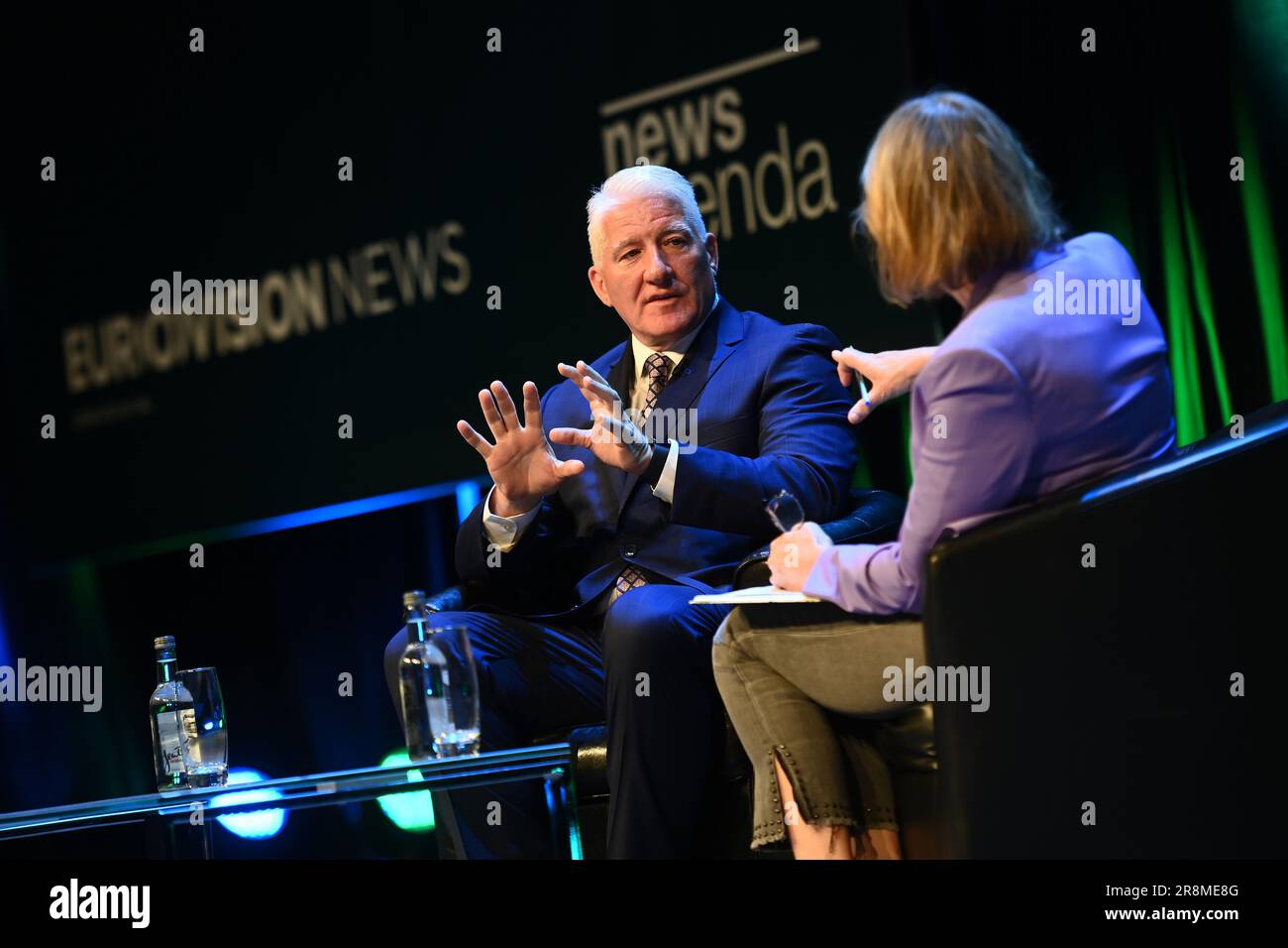 Dublin, Ireland. 20th June, 2023. Picture by Simon Wilkinson/SWpix.com - 20/06/2023 - Eurovision News - NewsXChange 2023 Conference - The Convention Centre Dublin, Ireland - Day 2 - Keynote Interview - John King, CNN Anchor and Chief National Correspondent - Áine Lawlor Presenter RTÉ, moderator Credit: SWpix/Alamy Live News Stock Photo