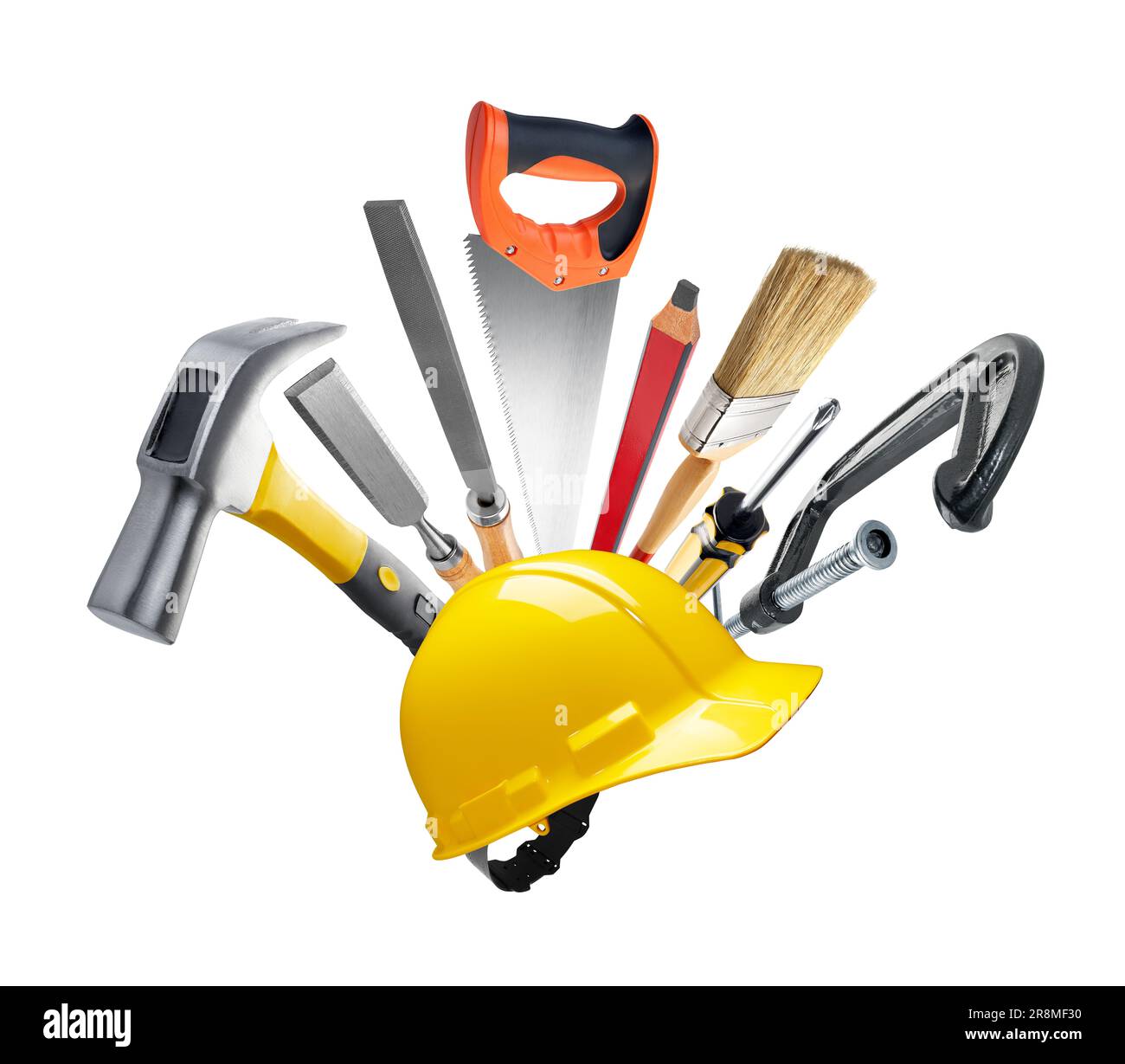 Carpentry tools with safety helmet against white background Stock Photo