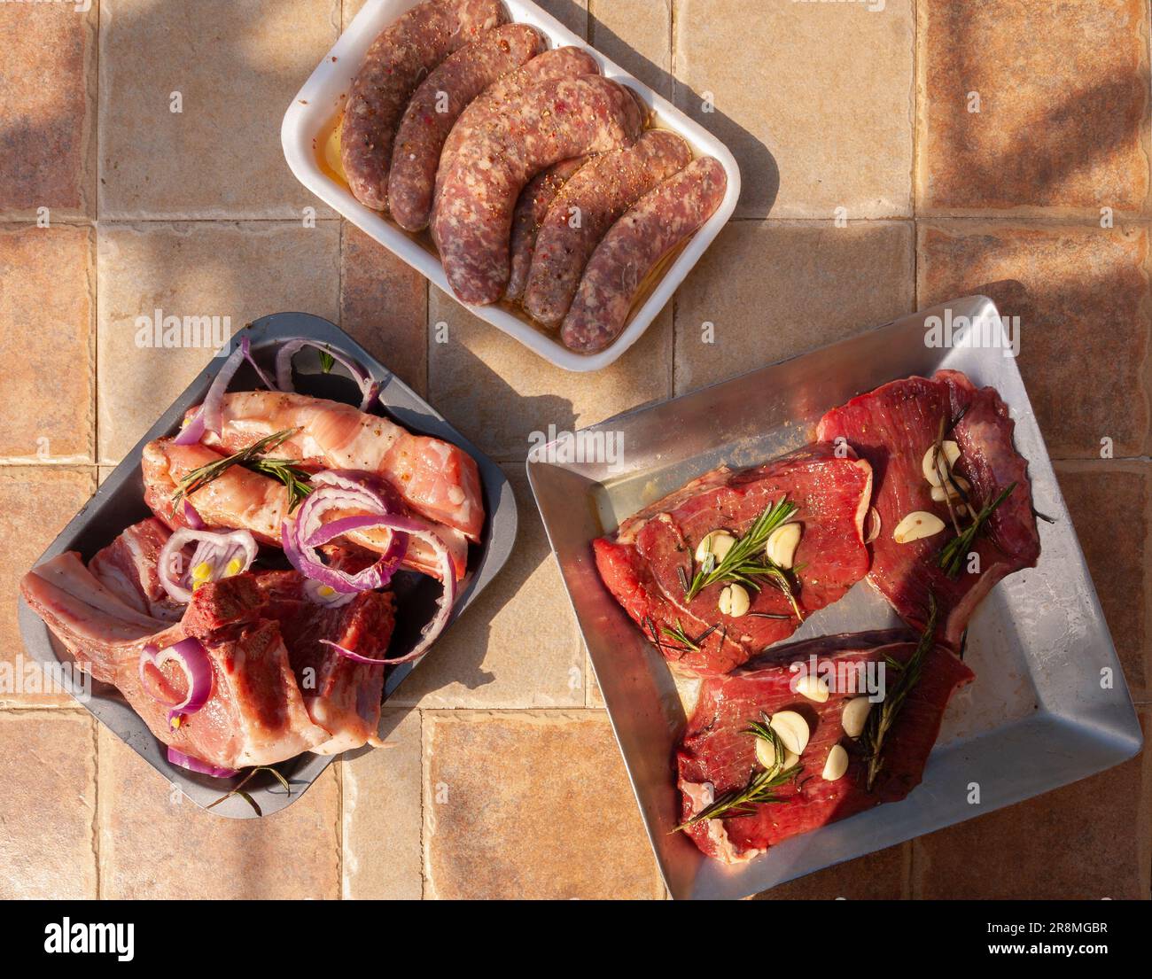 Unprocessed Red Meat Examples Different types of raw meat and beef. Fresh raw meats on an outdoor ...