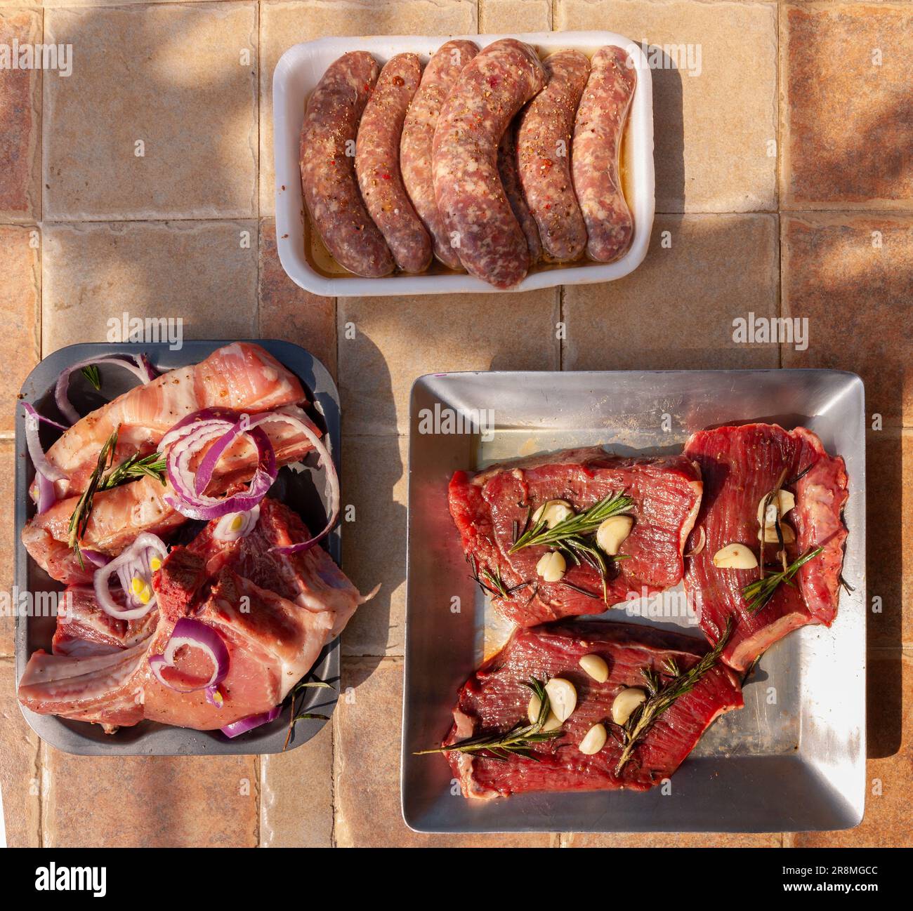 Unprocessed Red Meat Examples Different types of raw meat and beef. Fresh raw meats on an outdoor ...