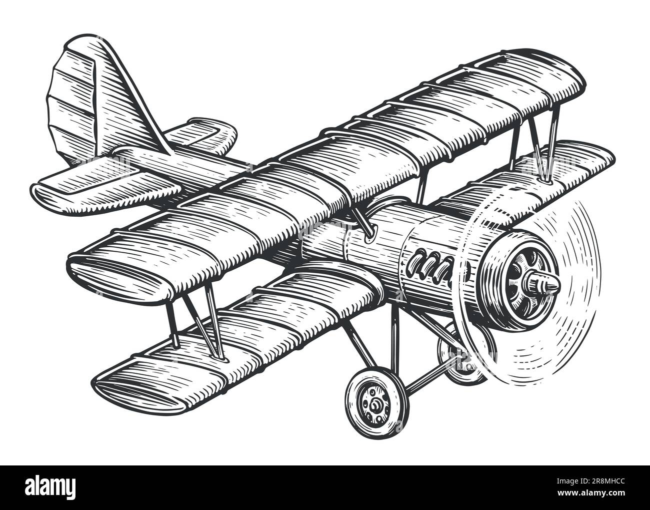 Retro airplane biplane with piston engine. Vintage transport sketch vector illustration Stock Vector