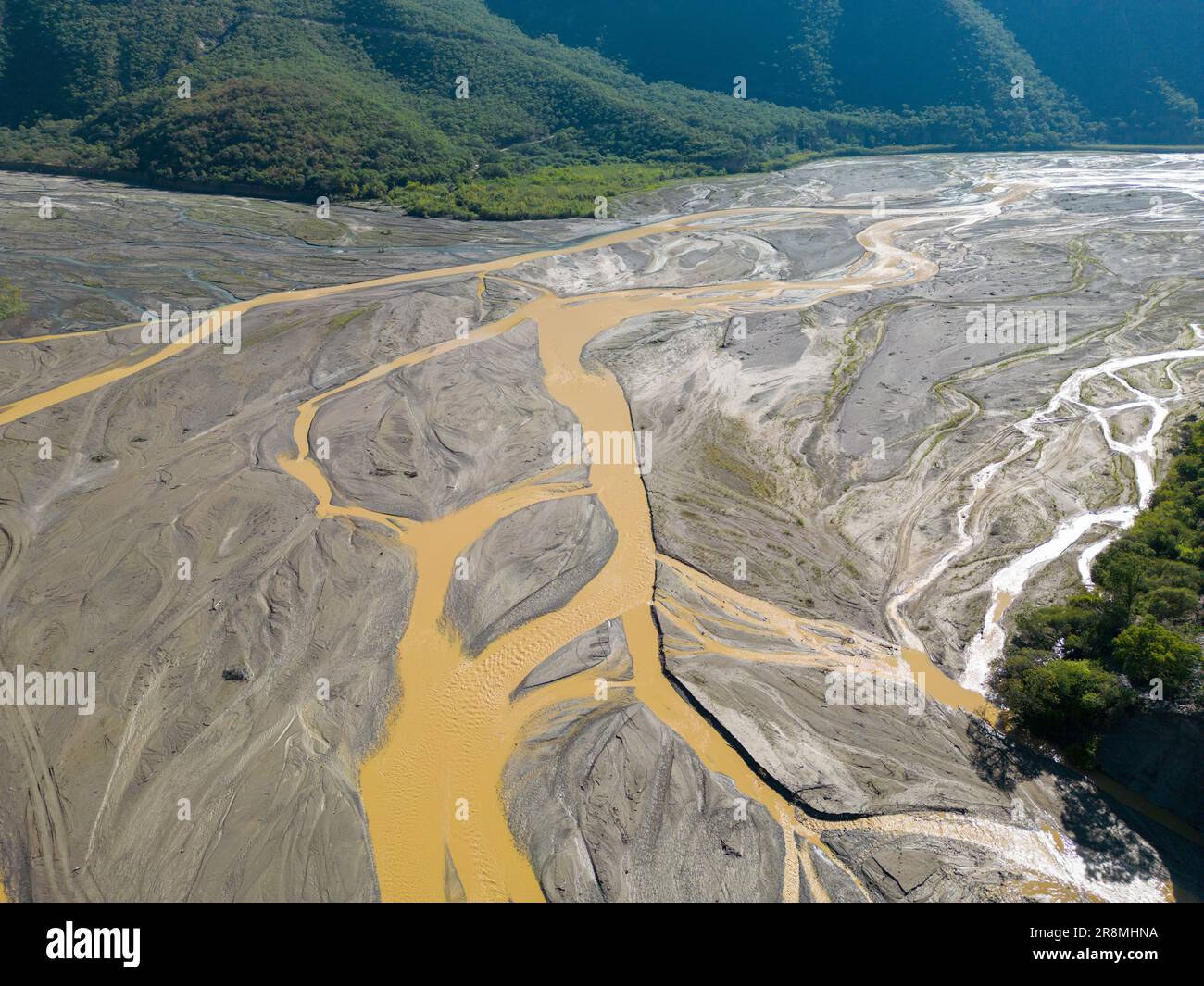 Close up aerial view of the Rio Sacambaya landscape with a huge