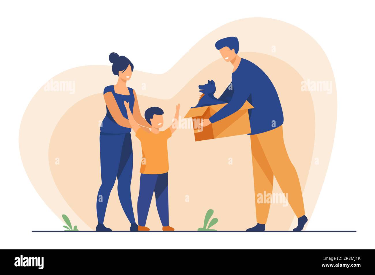 Happy family with child adopting pet Stock Vector