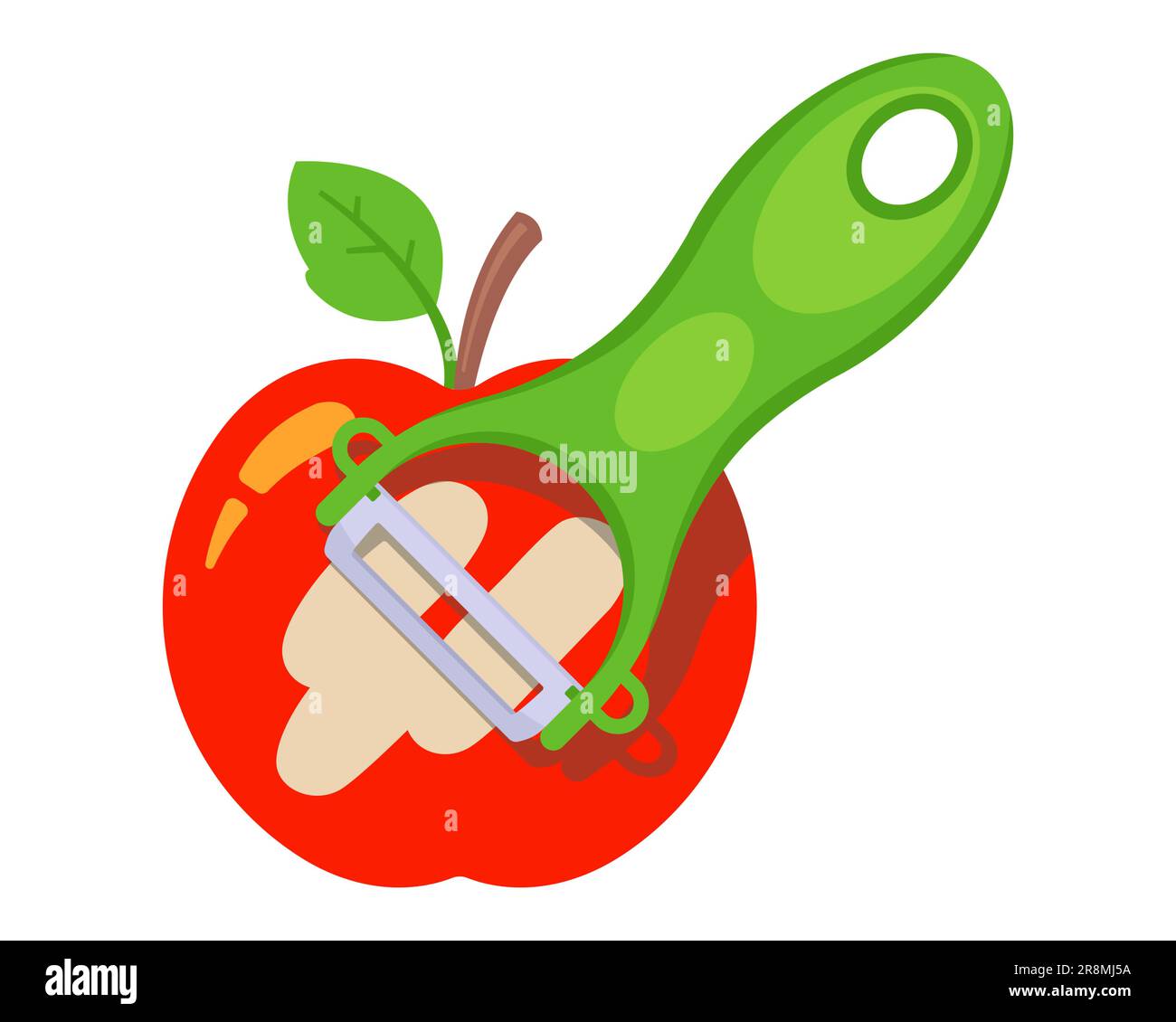 Peel a red apple with a vegetable peeler. flat vector illustration