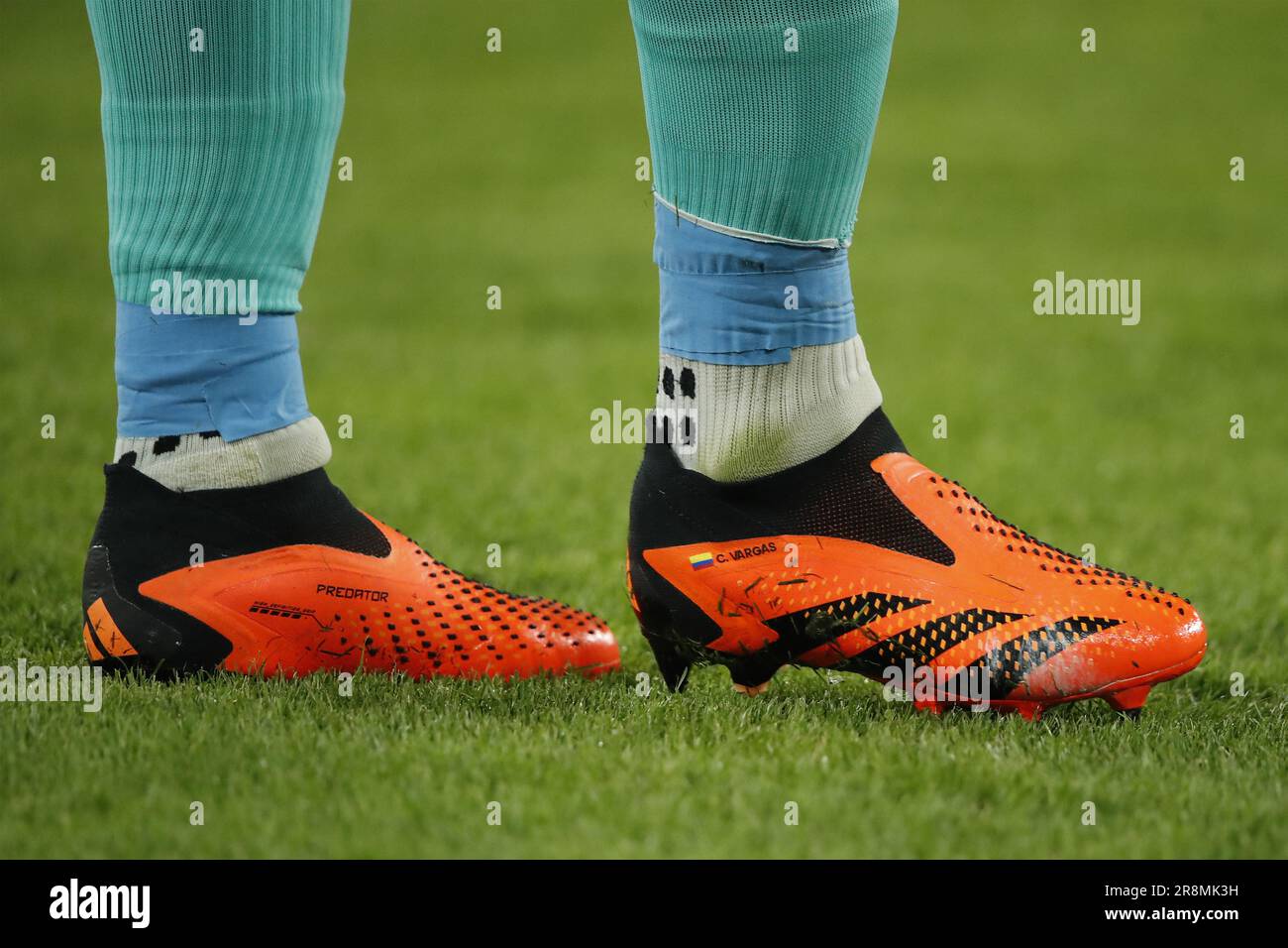 GELSENKIRCHEN - 20/06/2023, Adidas football boots Colombia goalkeeper Camilo Vergas during the friendly international match between Germany and Colombia at the Veltins-Arena on June 20, 2023 in Gelsenkirchen, Germany. AP | Dutch Height | BART STOUTJESDYK Stock Photo