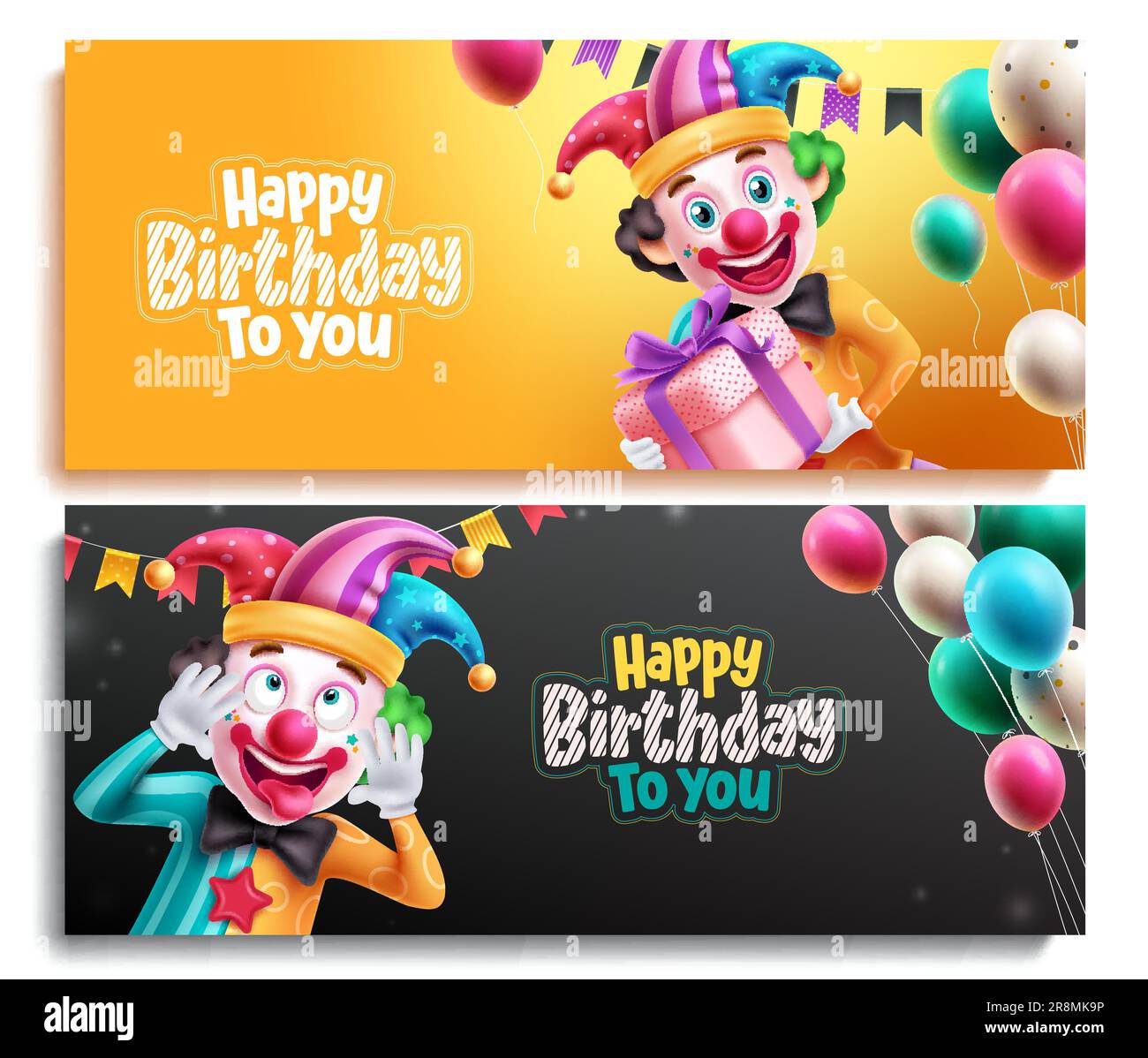 Happy birthday text vector banner set. Birthday greeting and invitation card with clown character mascot for occasion. Vector illustration birthday Stock Vector