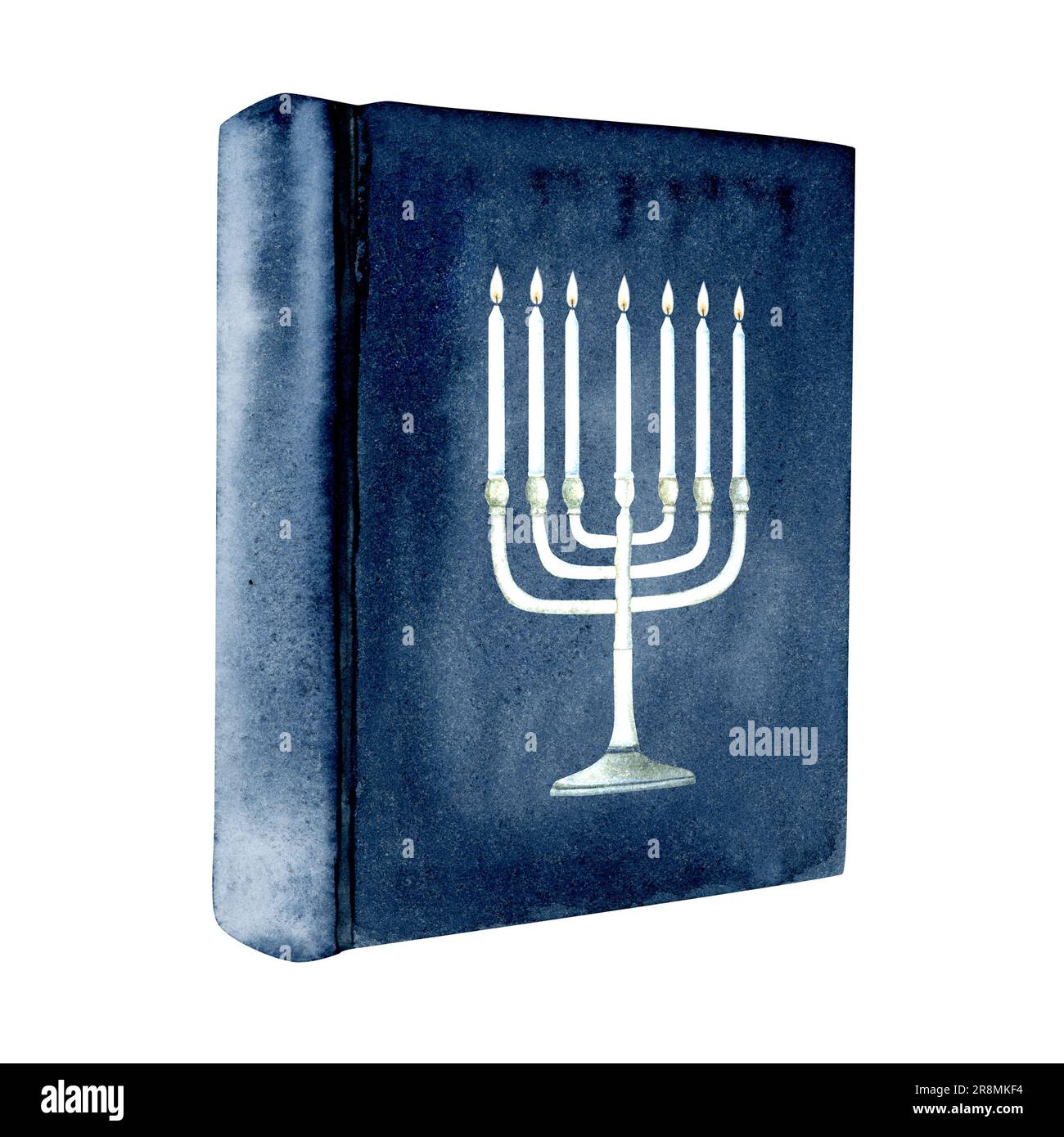 Torah with menorah with candles symbol on the cover watercolor illustration. Blue Jewish Book for Shabbat Stock Photo