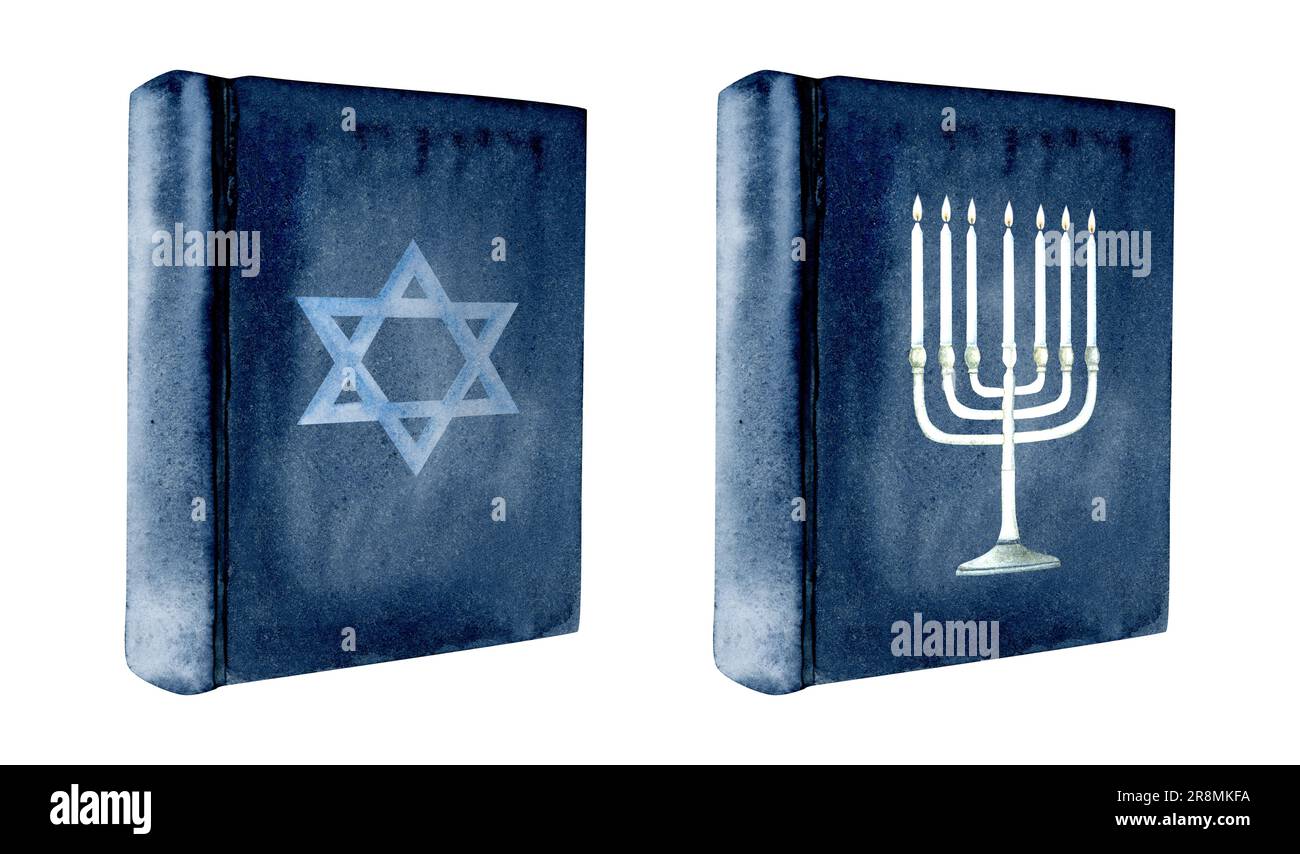 Torah books set with menorah and silver star of David symbol on the cover watercolor illustration for Shabbat, Synagogue Stock Photo