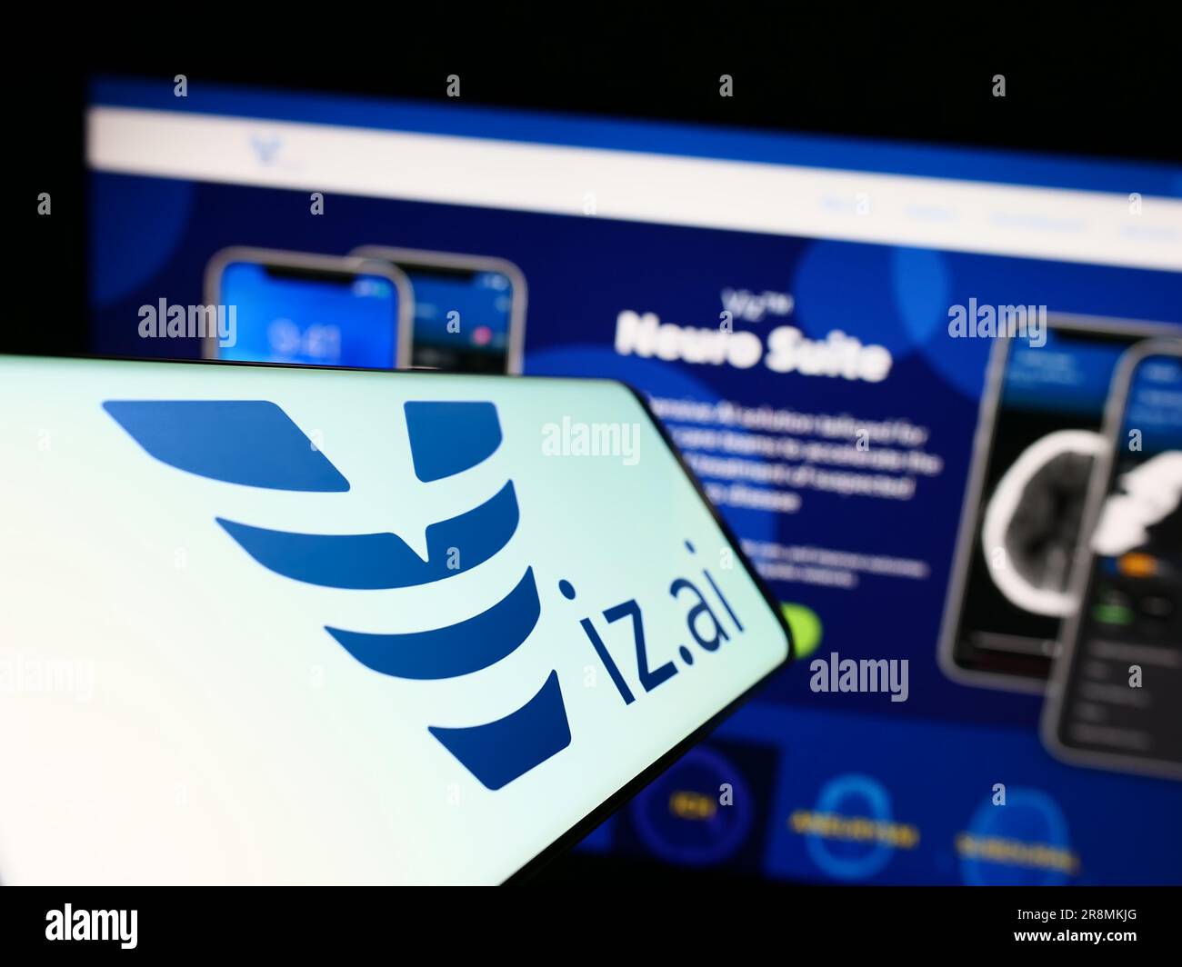 Smartphone with logo of American artificial intelligence company Viz.ai Inc. on screen in front of website. Focus on center of phone display. Stock Photo