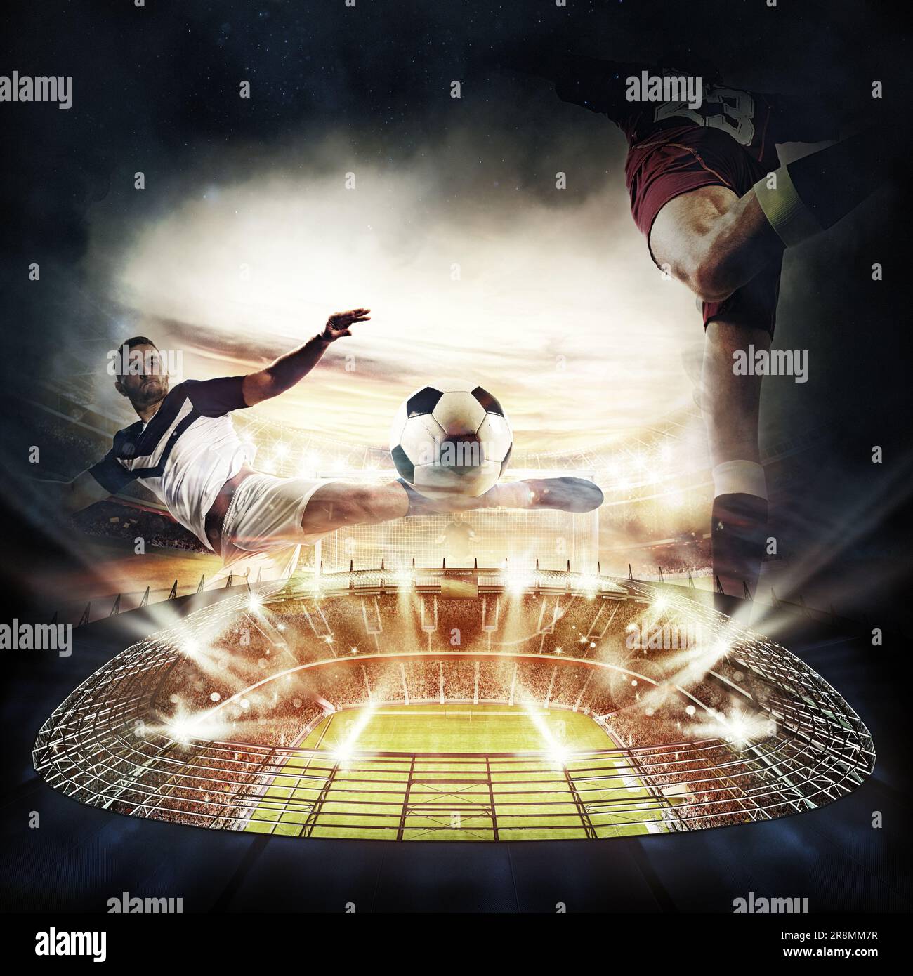 Game action with players above the soccer stadium Stock Photo