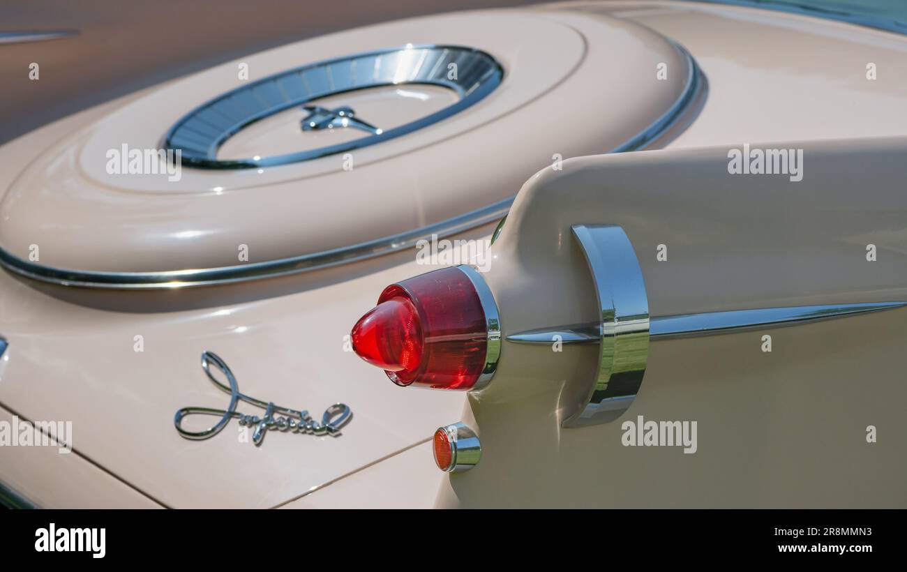 GROSSE POINTE SHORES, MI/USA - JUNE 18, 2023: Close-up of a 1958 Chrysler Imperial taillight, EyesOn Design car show, near Detroit, Michigan. Stock Photo