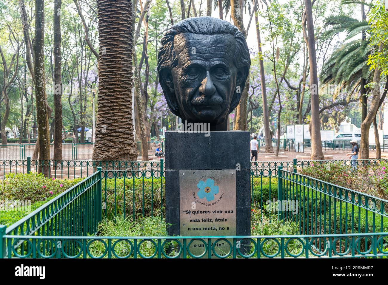 Albert Einstein bust, memorial monument to Armenia genocide, Parque Mexico, La Condesa, Mexico City, Mexico Stock Photo