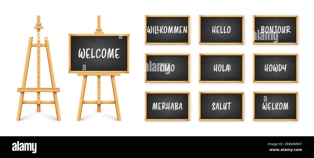 Black chalkboard on wooden easel. Blackboard in wooden frame on a tripod. Presentation board with text, writing or drawing surface. You are welcome Stock Vector