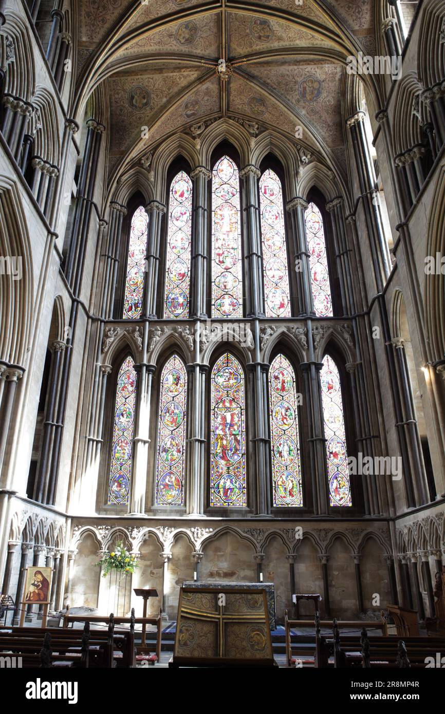 The East Window of Worcester Cathedral viewed here on a very bright day in late spring. Stock Photo