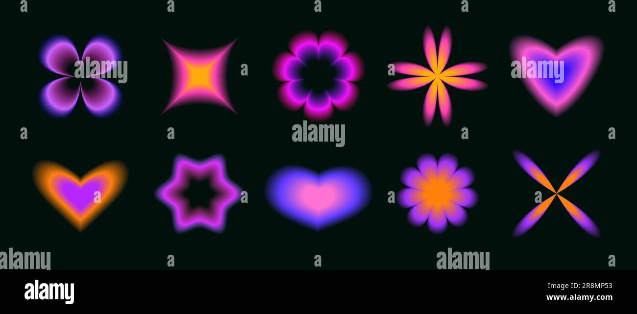 Smooth blurred gradient flowers, stars and hearts set. Y2K aura shapes collection. Colorful neon abstract trendy elements for logo, templates, badges, stickers, collages. Vector pack Stock Vector
