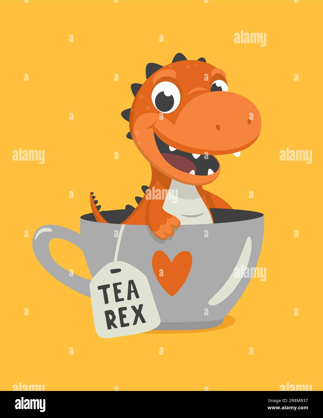 Vector Cute and Funny Cartoon Hand Drawn Dinosaur Drinking Hot Tea Beverage, Holding Cup of Tea. Kids, Children s Illustration, Print Stock Vector