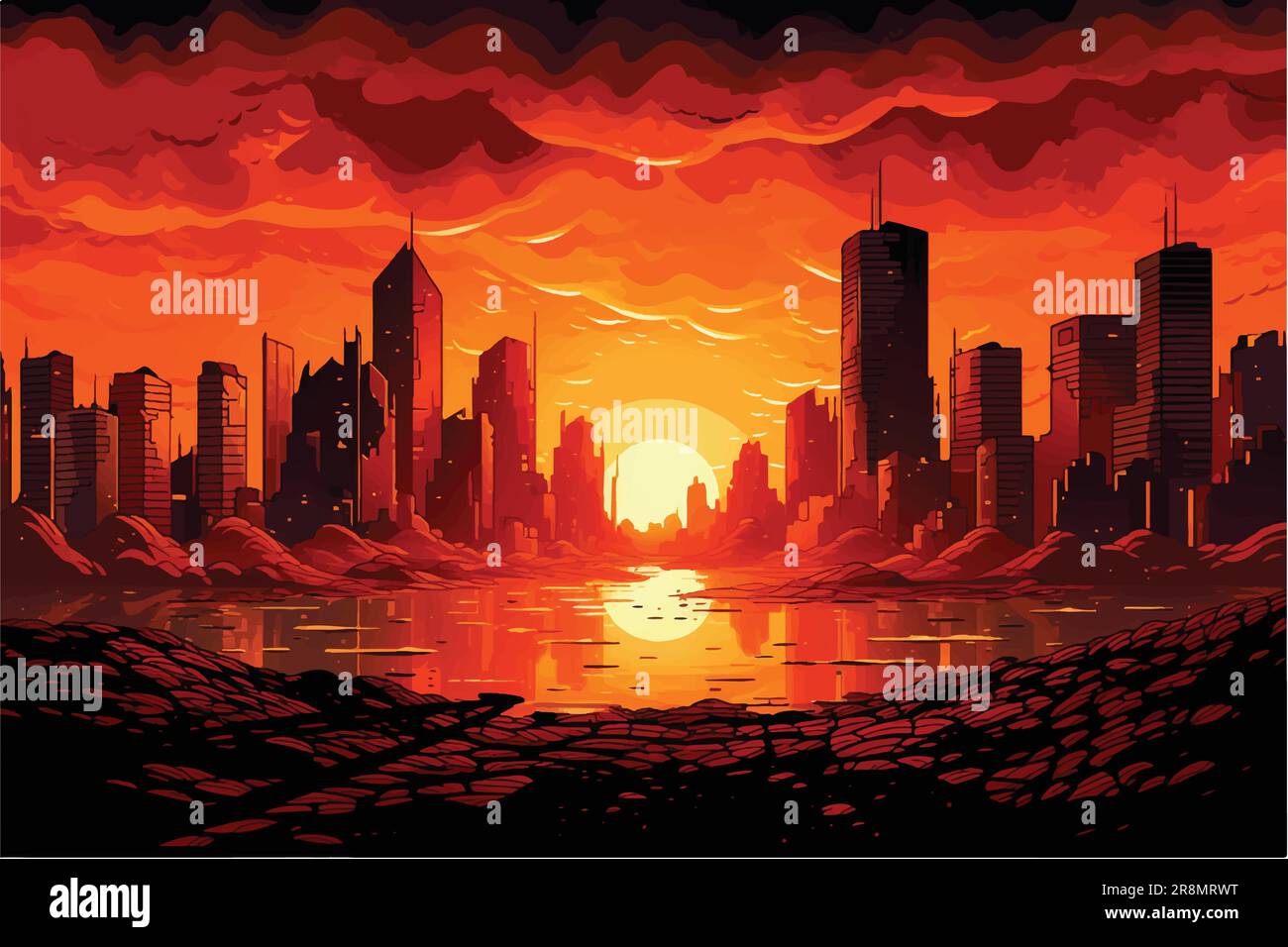 cartoon vector illustration of Searing urban horizon, Cityscape engulfed in red-hot atmospheric heat Stock Vector