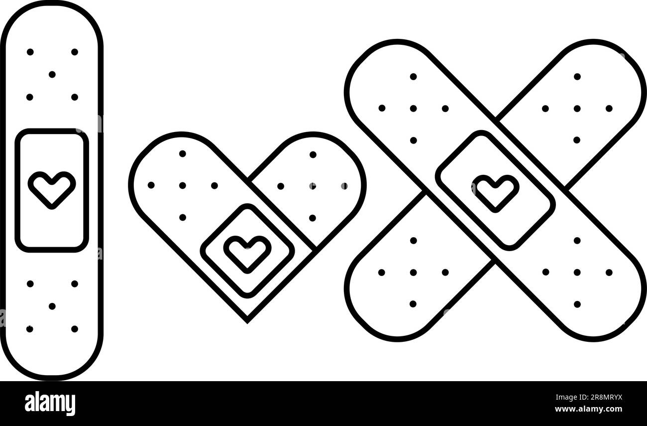 Medical cute illustration of band aid with a heart in outline style. Medical bandage plaster line icon. . Stock Vector