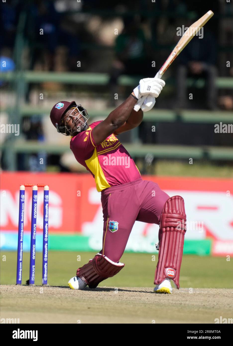 West Indies batsman Rovman Powell in action during their ICC Mens Cricket World Cup Qualifier match against Nepal at Harare Sports Club in Harare, Zimbabwe, Thursday June, 22, 2023