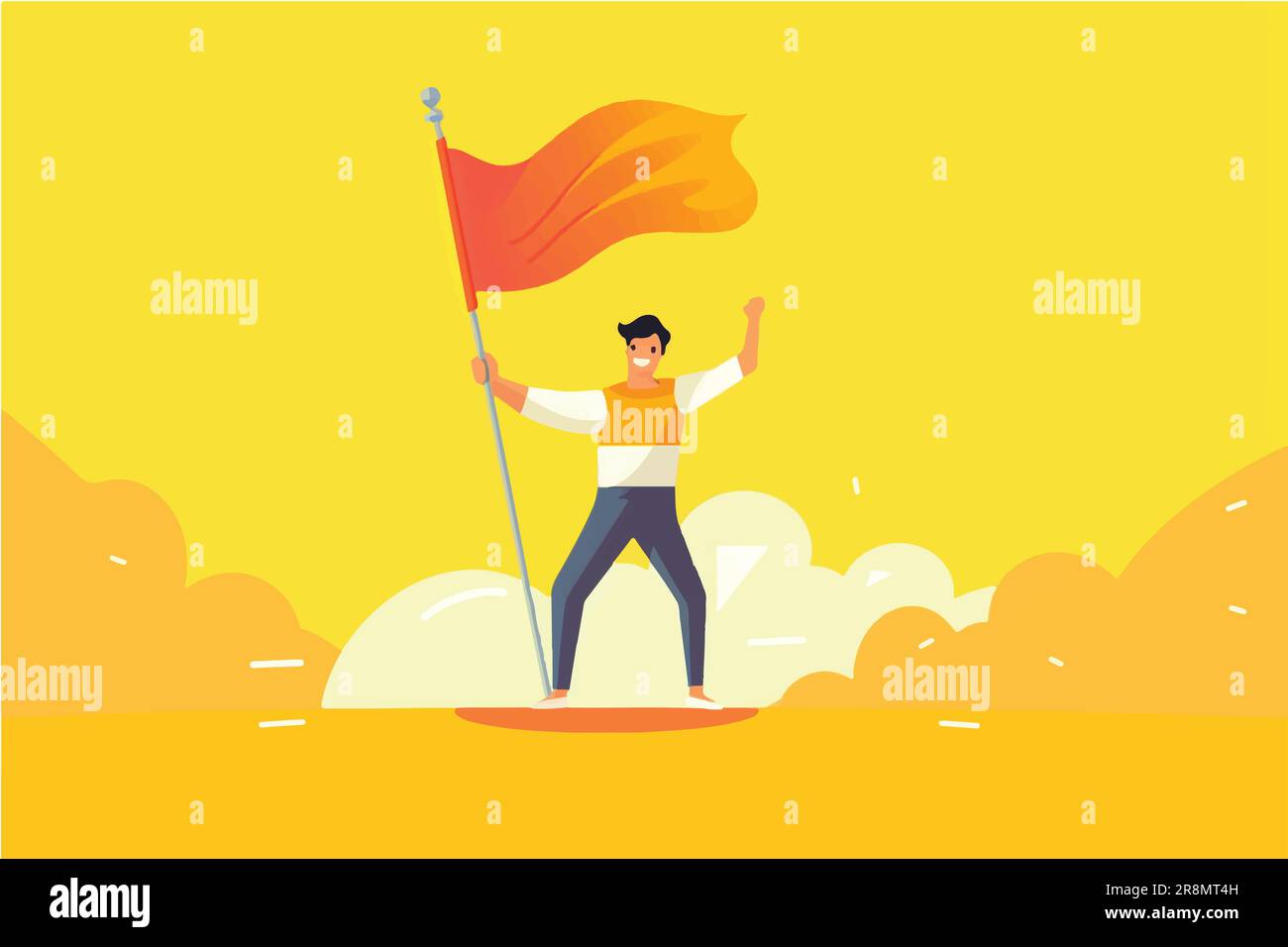 cartoon vector illustration of Goal-Getter, Smiling man on graph triumphs with yellow flag in hand Stock Vector