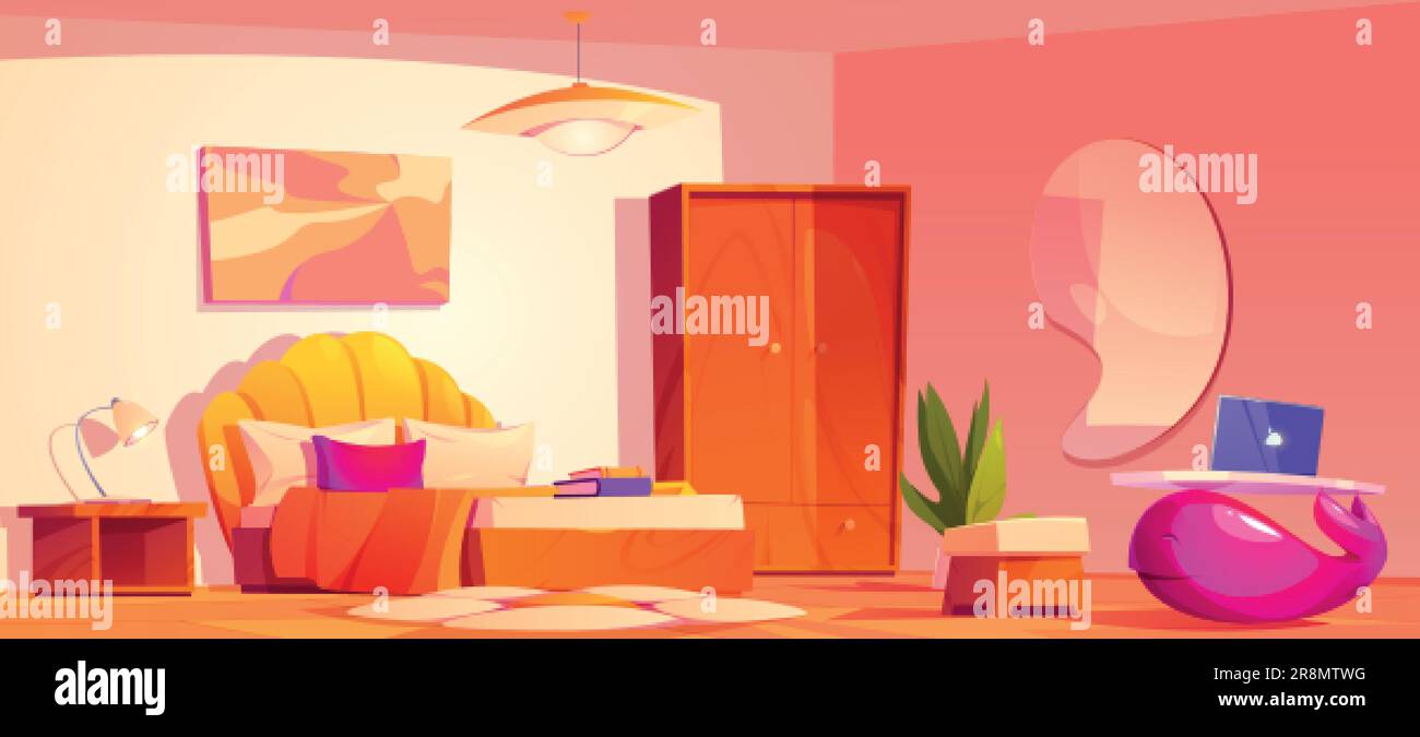 Groovy bedroom interior with daisy flower carpet vector cartoon