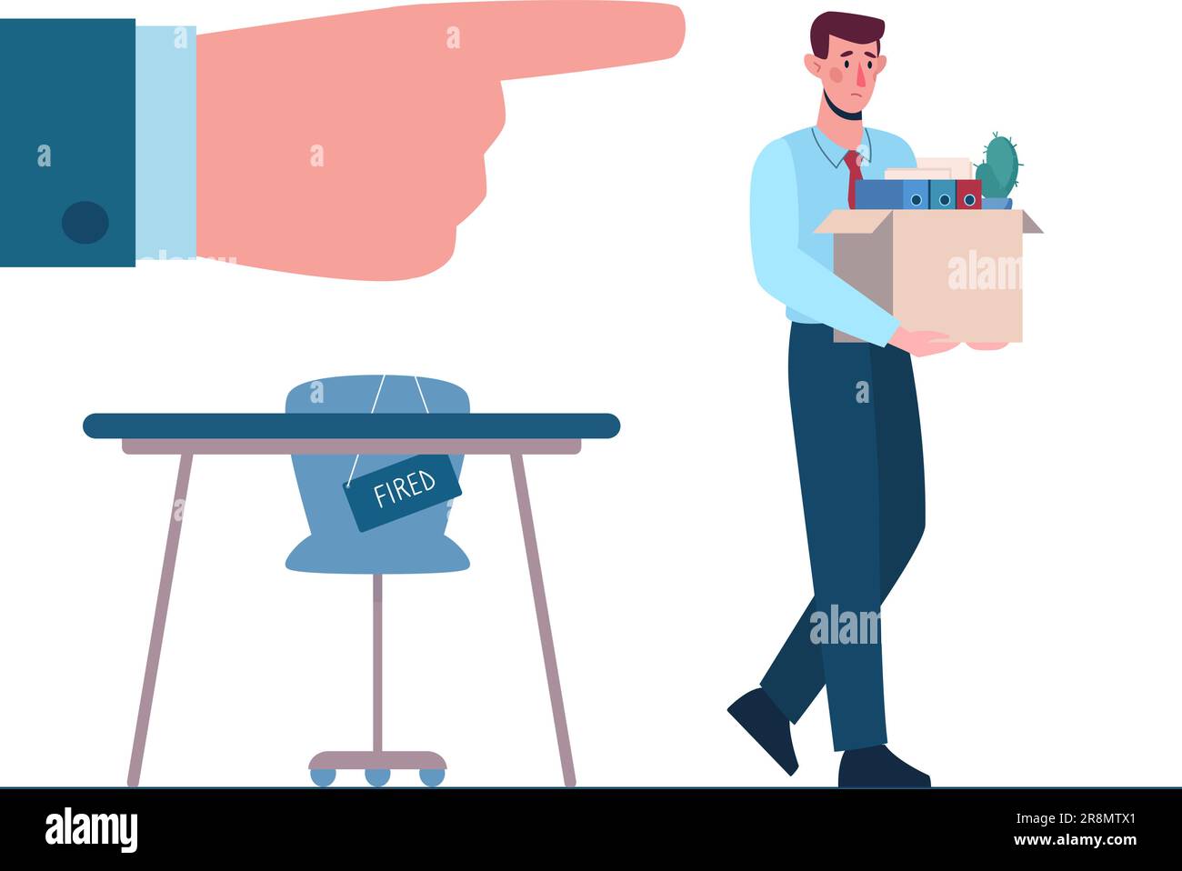 Dismissed employee, unemployment. Fired man leaves the office with a box in his hands. Person without work. Job loss due to crisis, robotics, economic decline. Vector, flat. Stock Vector