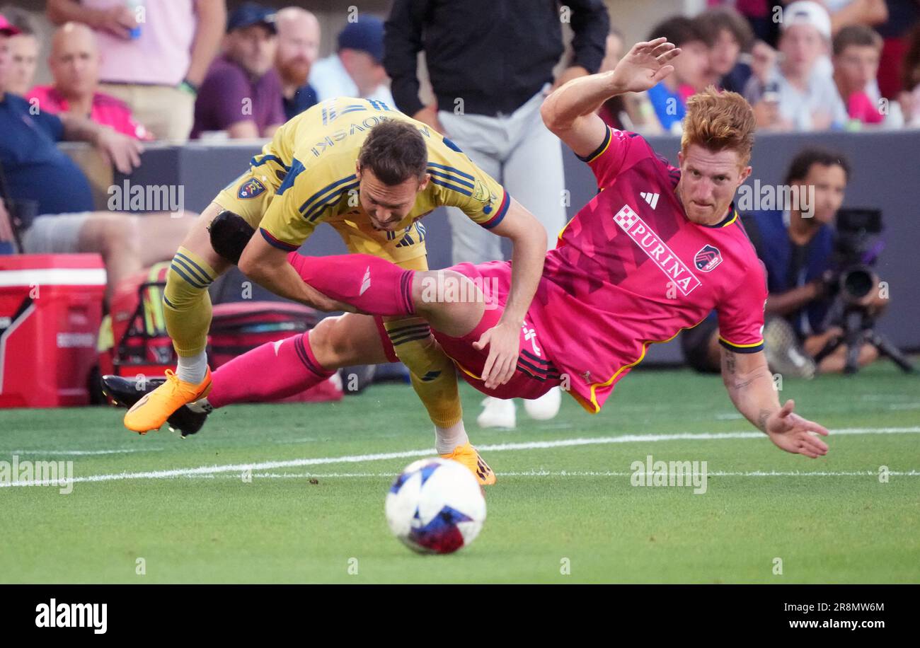 St. Louis, United States. 21st June, 2023. Saint Louis City SC Lucas Bartlett and Real Salt Lake Danny Musovski collide in the first half at City Park in St. Louis on Wednesday, June 21, 2023. Photo by Bill Greenblatt/UPI Credit: UPI/Alamy Live News Stock Photo