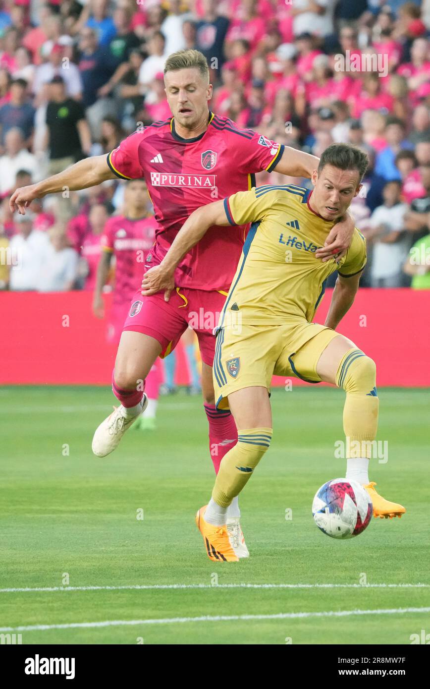 St. Louis, United States. 21st June, 2023. Saint Louis City SC Lucas Bartlett (L) pulls on Real Salt Lake Danny Musovski in the first half at City Park in St. Louis on Wednesday, June 21, 2023. Photo by Bill Greenblatt/UPI Credit: UPI/Alamy Live News Stock Photo