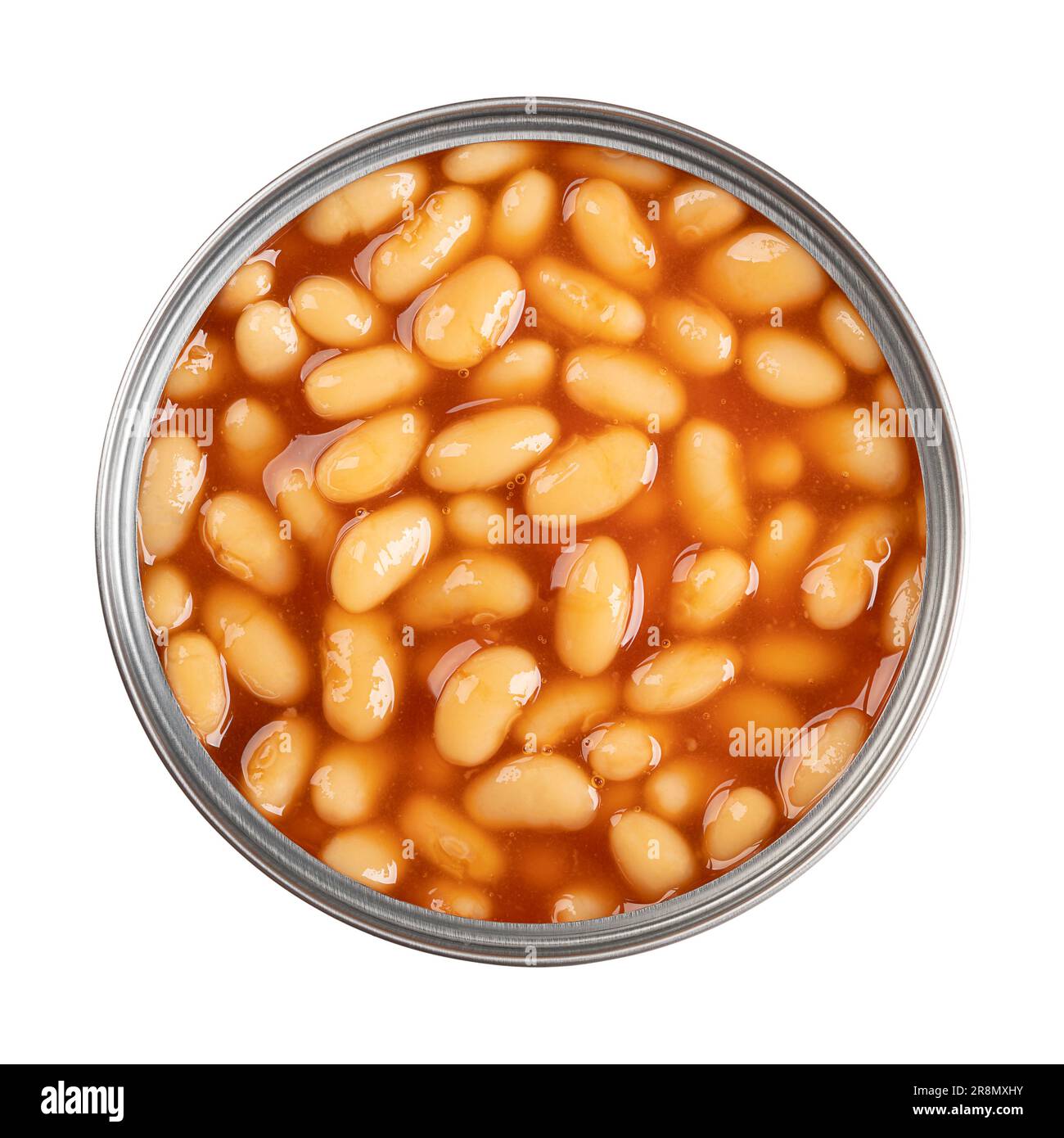 Canned baked beans in tomato sauce, in open can, from above. Dish made of white beans, cooked through a steam process. Convenience food. Stock Photo